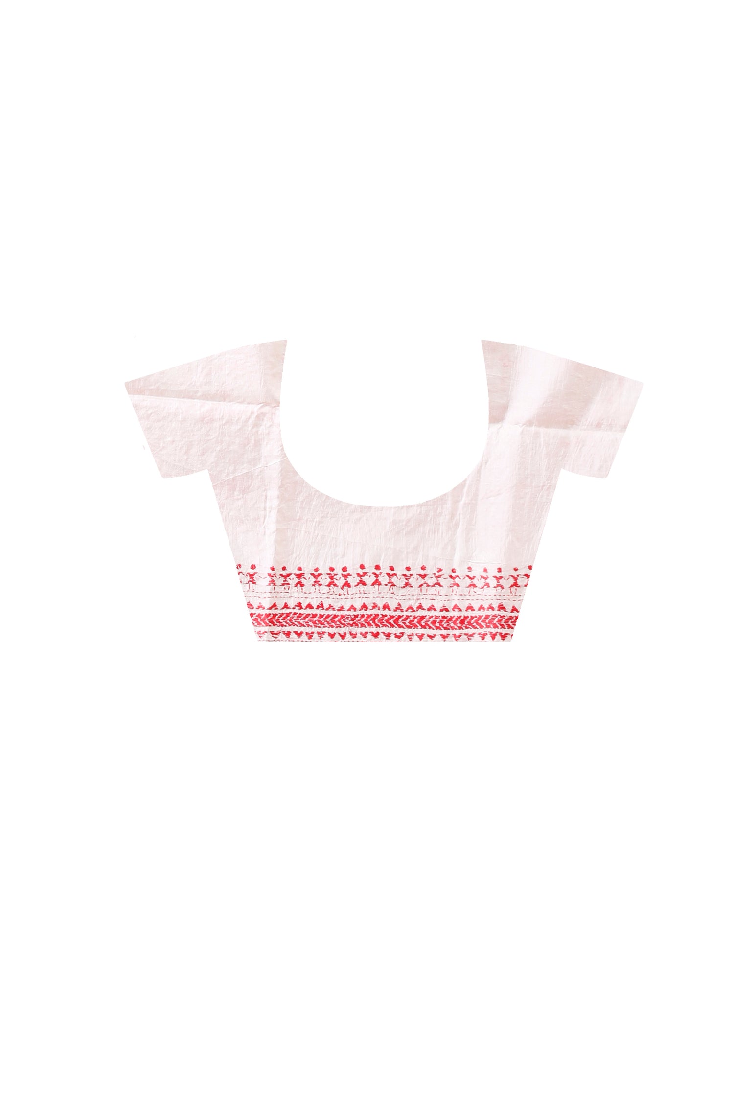 White Pure Bangalore Silk Red Thread Work Warli Motif Kantha Stitch Saree