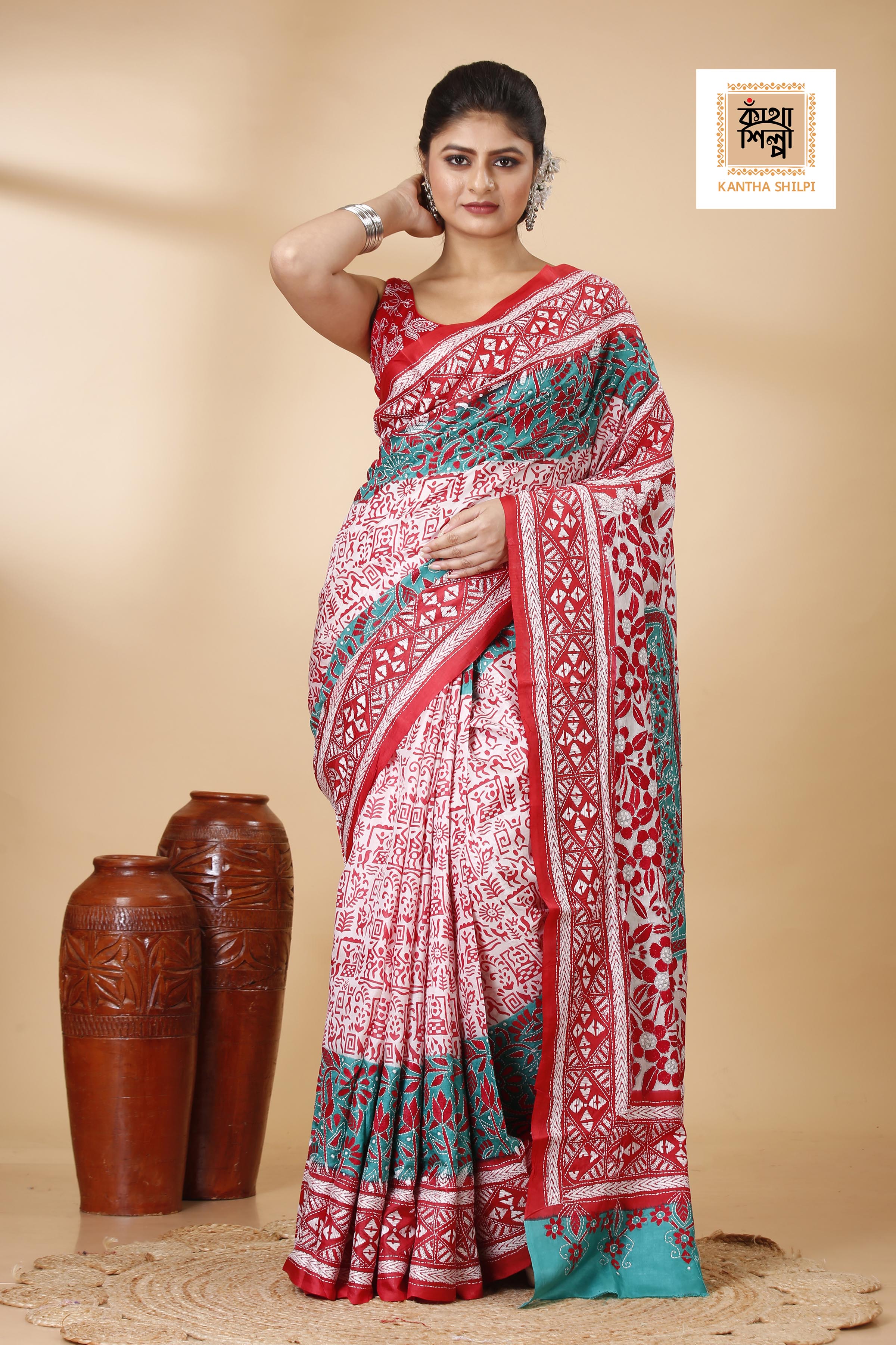 Pure Bangalore Silk Multicolor Thread Work Block and Geometric Pattern Kantha Stitch Fusion Saree