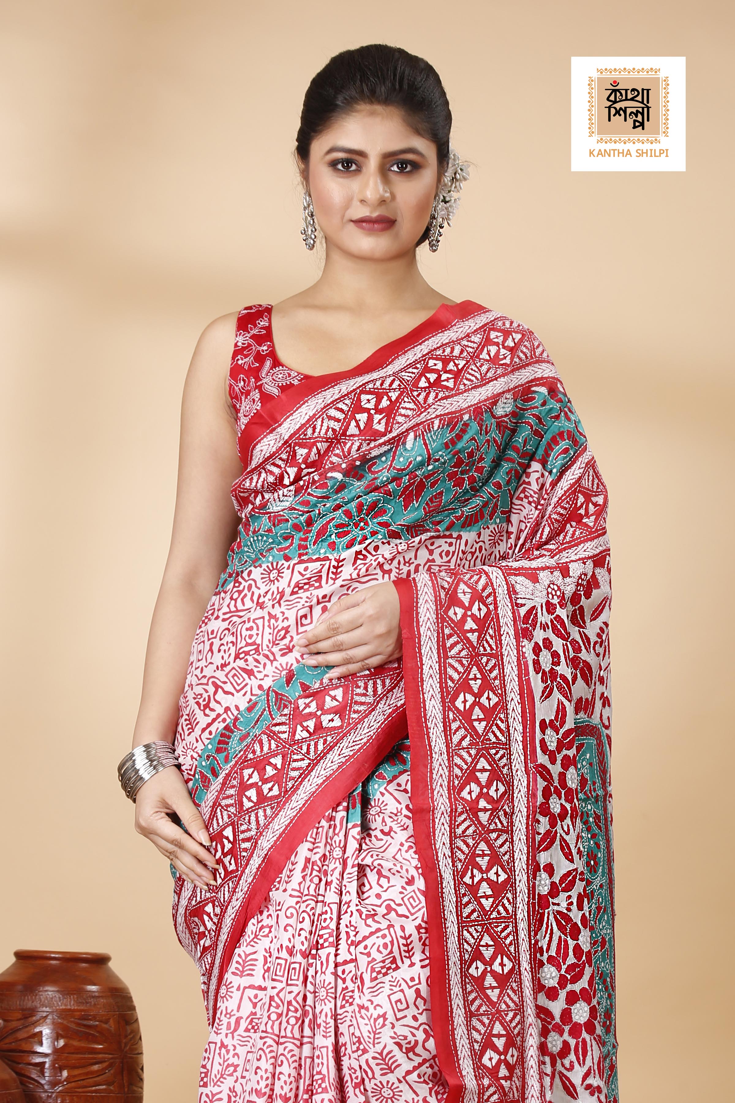 Pure Bangalore Silk Multicolor Thread Work Block and Geometric Pattern Kantha Stitch Fusion Saree