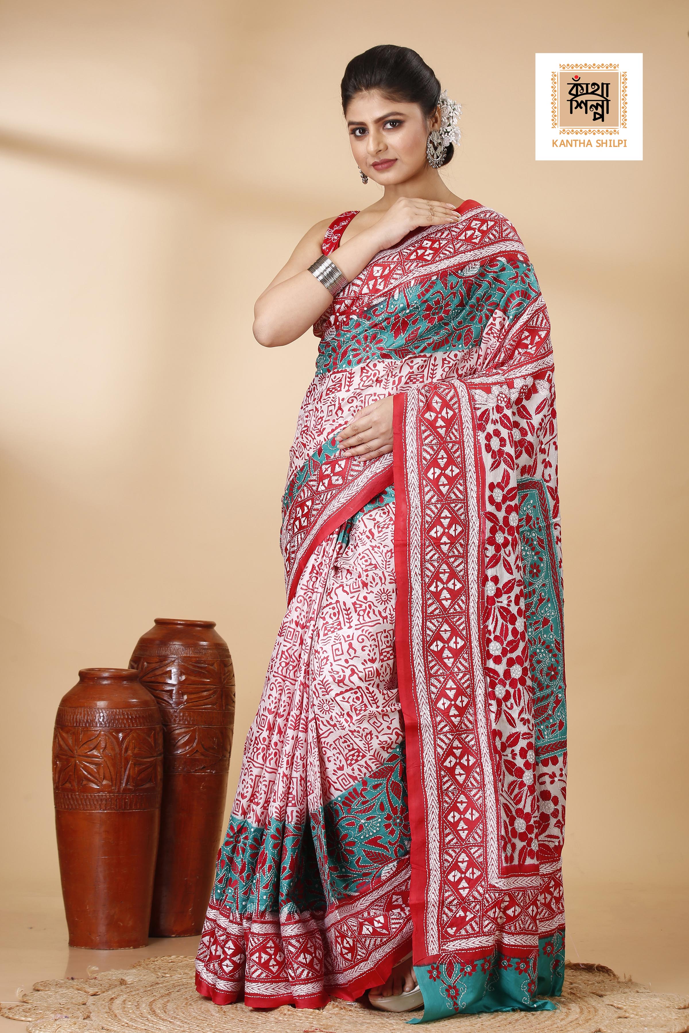 Pure Bangalore Silk Multicolor Thread Work Block and Geometric Pattern Kantha Stitch Fusion Saree