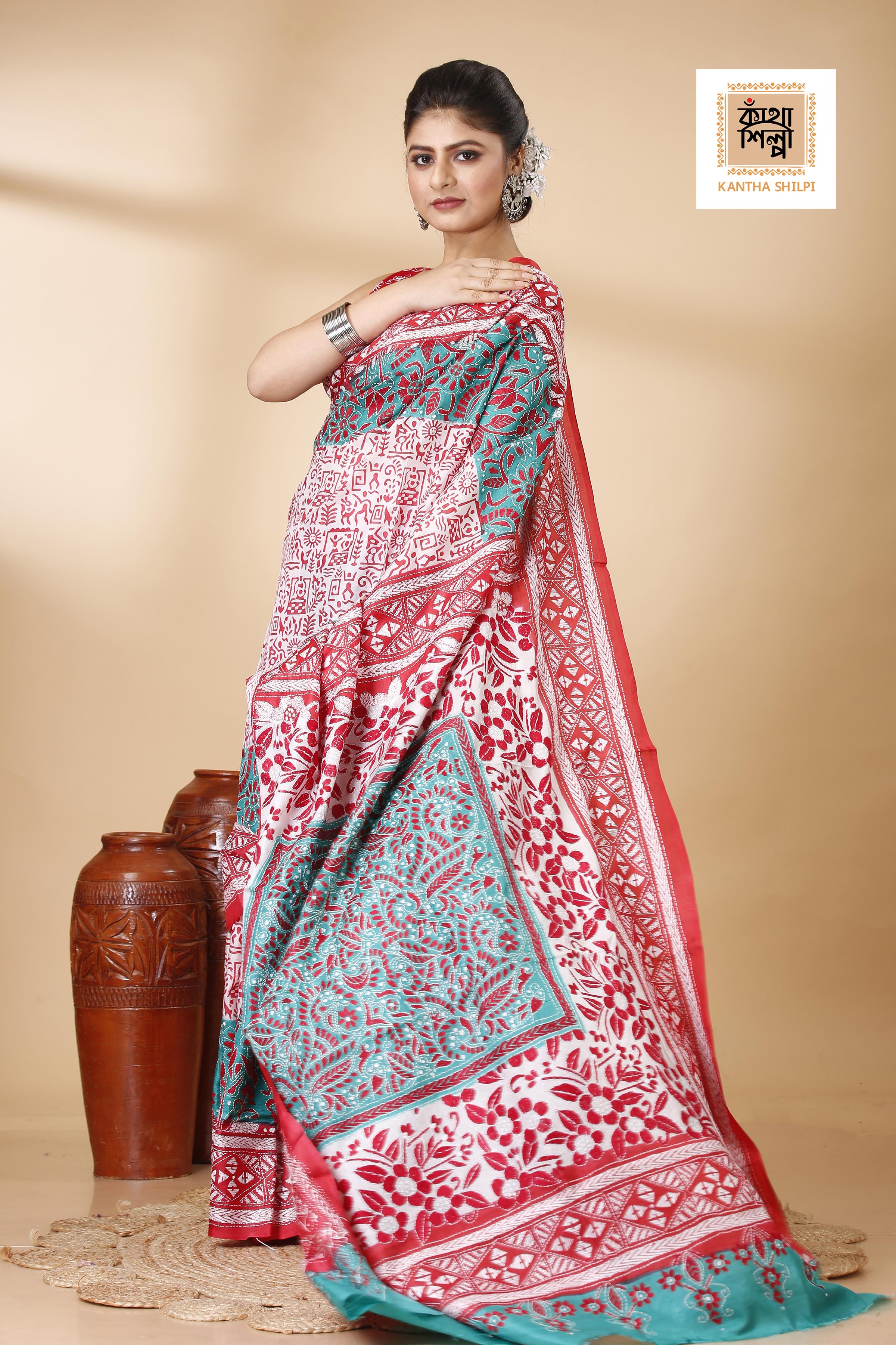 Pure Bangalore Silk Multicolor Thread Work Block and Geometric Pattern Kantha Stitch Fusion Saree
