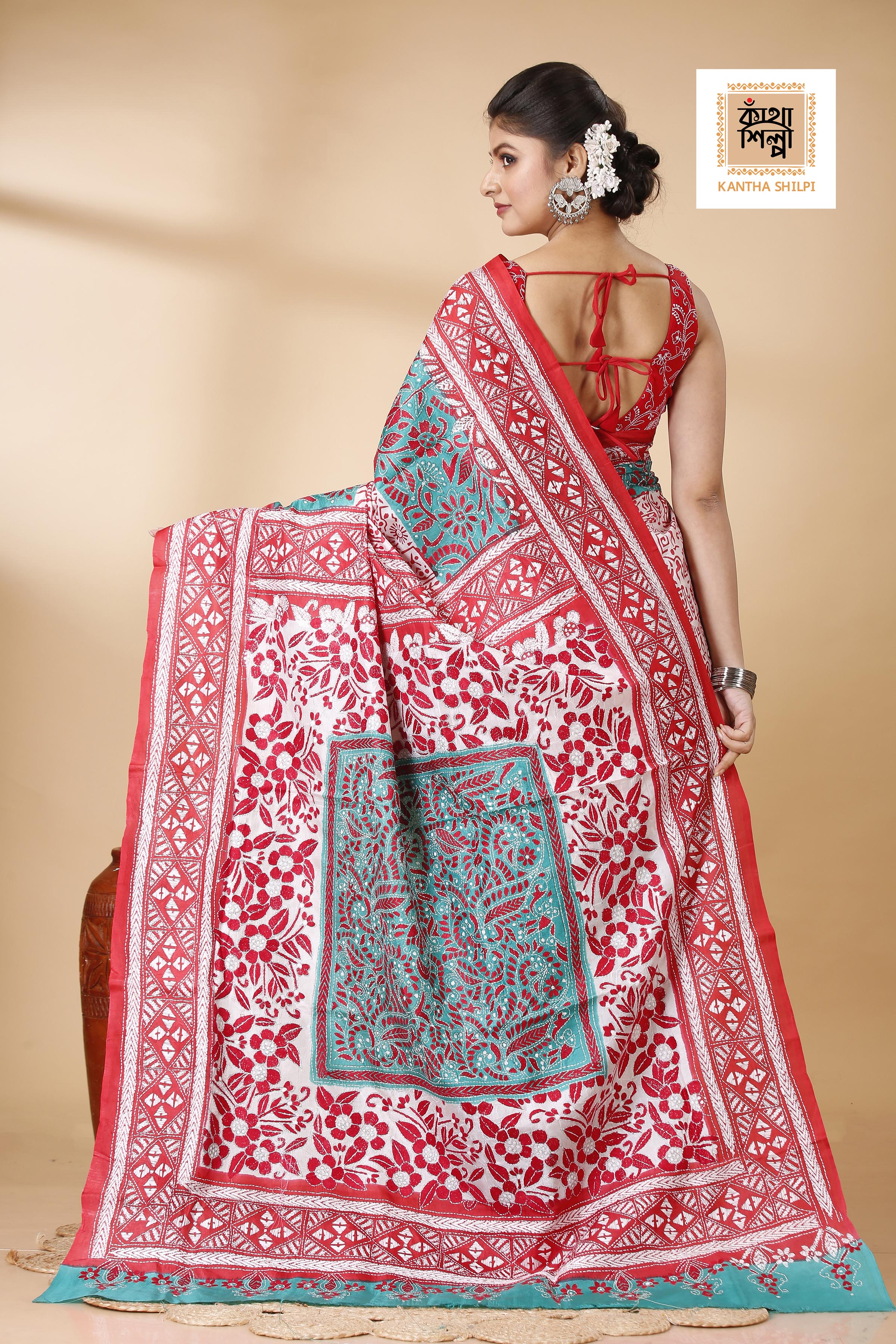 Pure Bangalore Silk Multicolor Thread Work Block and Geometric Pattern Kantha Stitch Fusion Saree