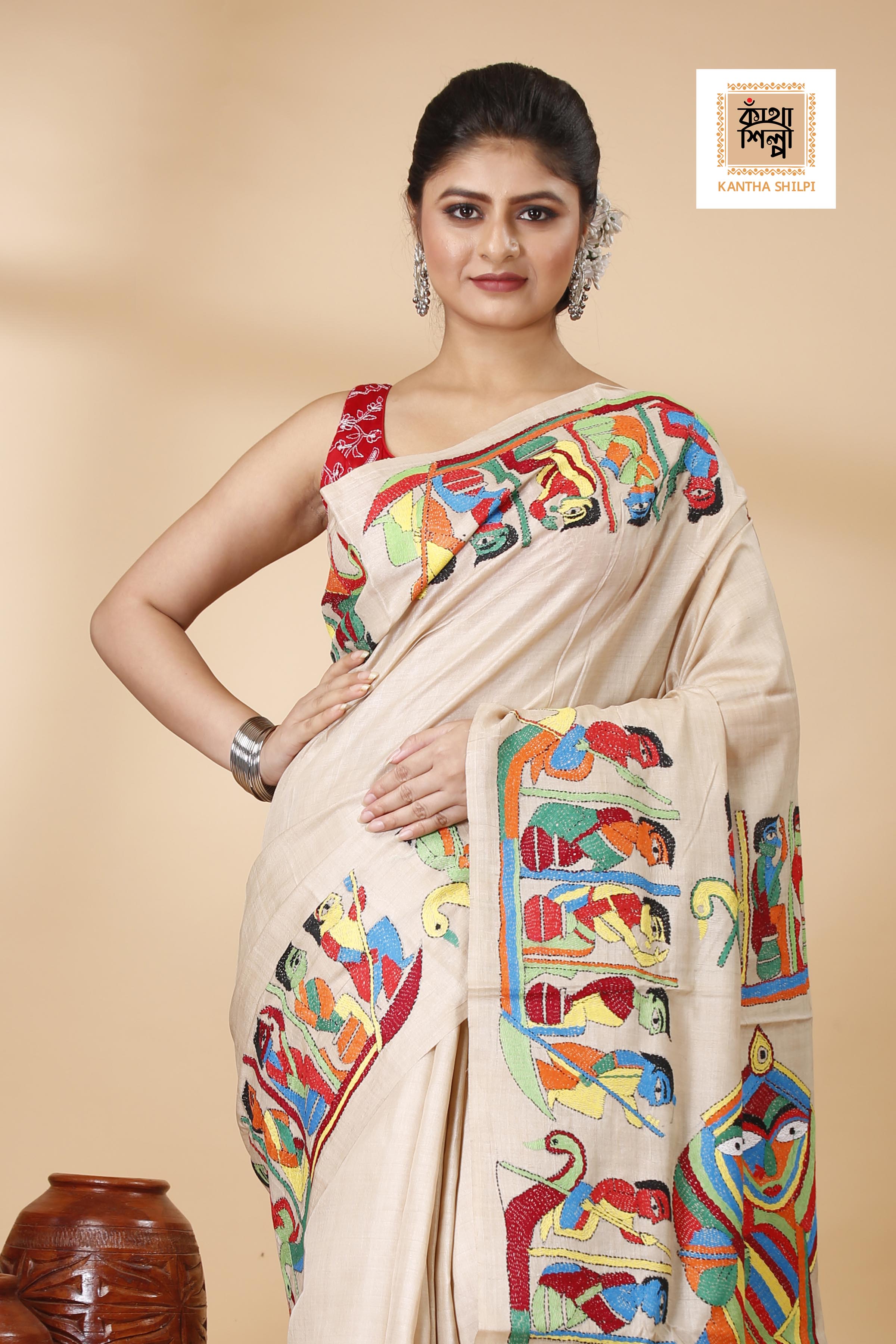 Gachi Tussar Multicolor Thread Work Maa Durga Theme Kantha Stitch Saree