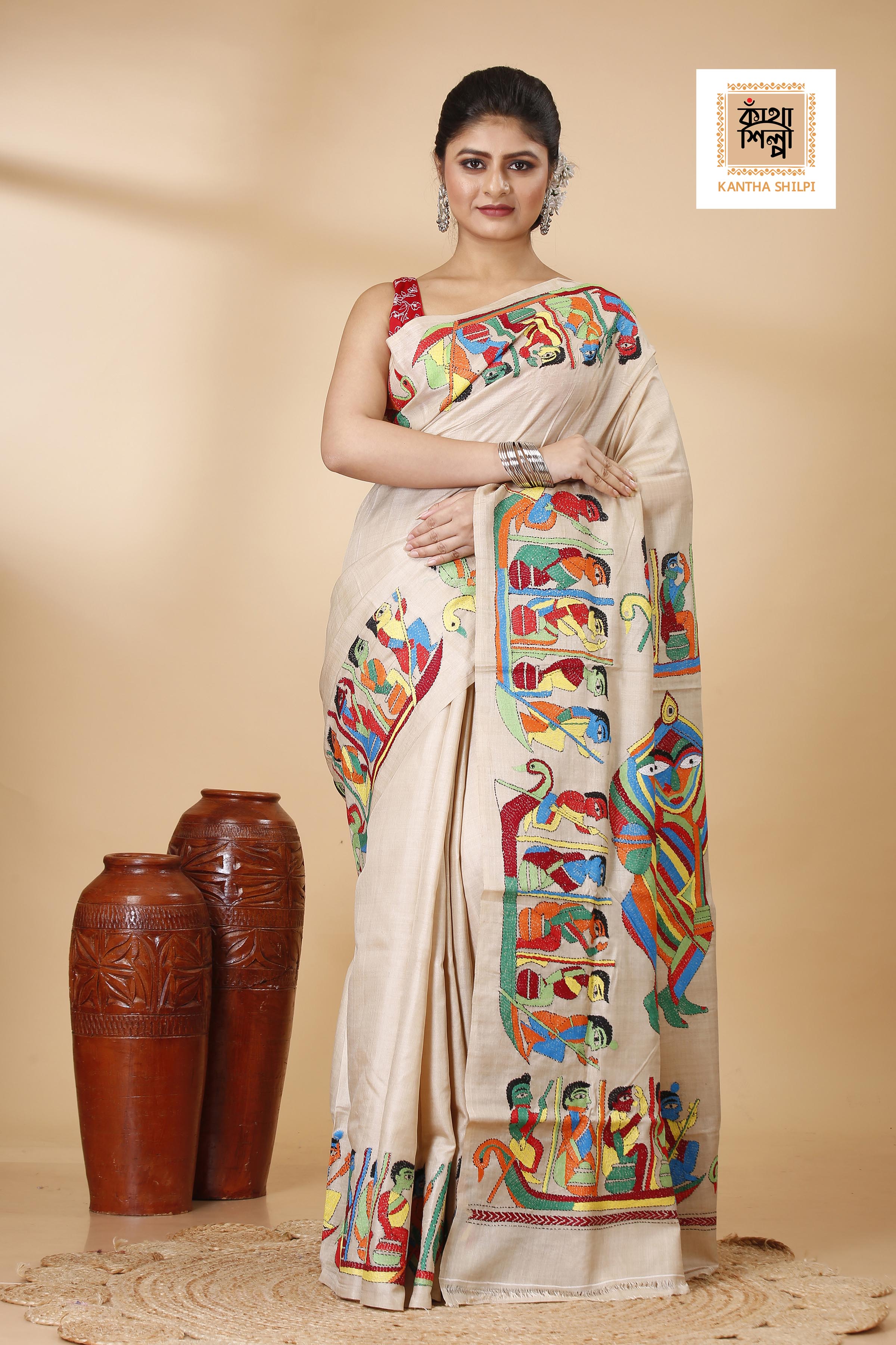 Gachi Tussar Multicolor Thread Work Maa Durga Theme Kantha Stitch Saree
