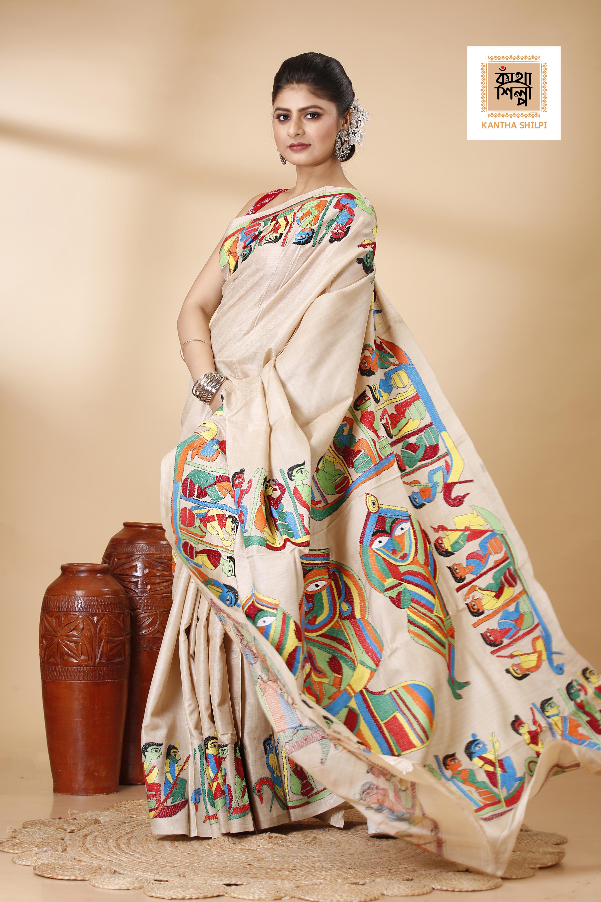 Gachi Tussar Multicolor Thread Work Maa Durga Theme Kantha Stitch Saree