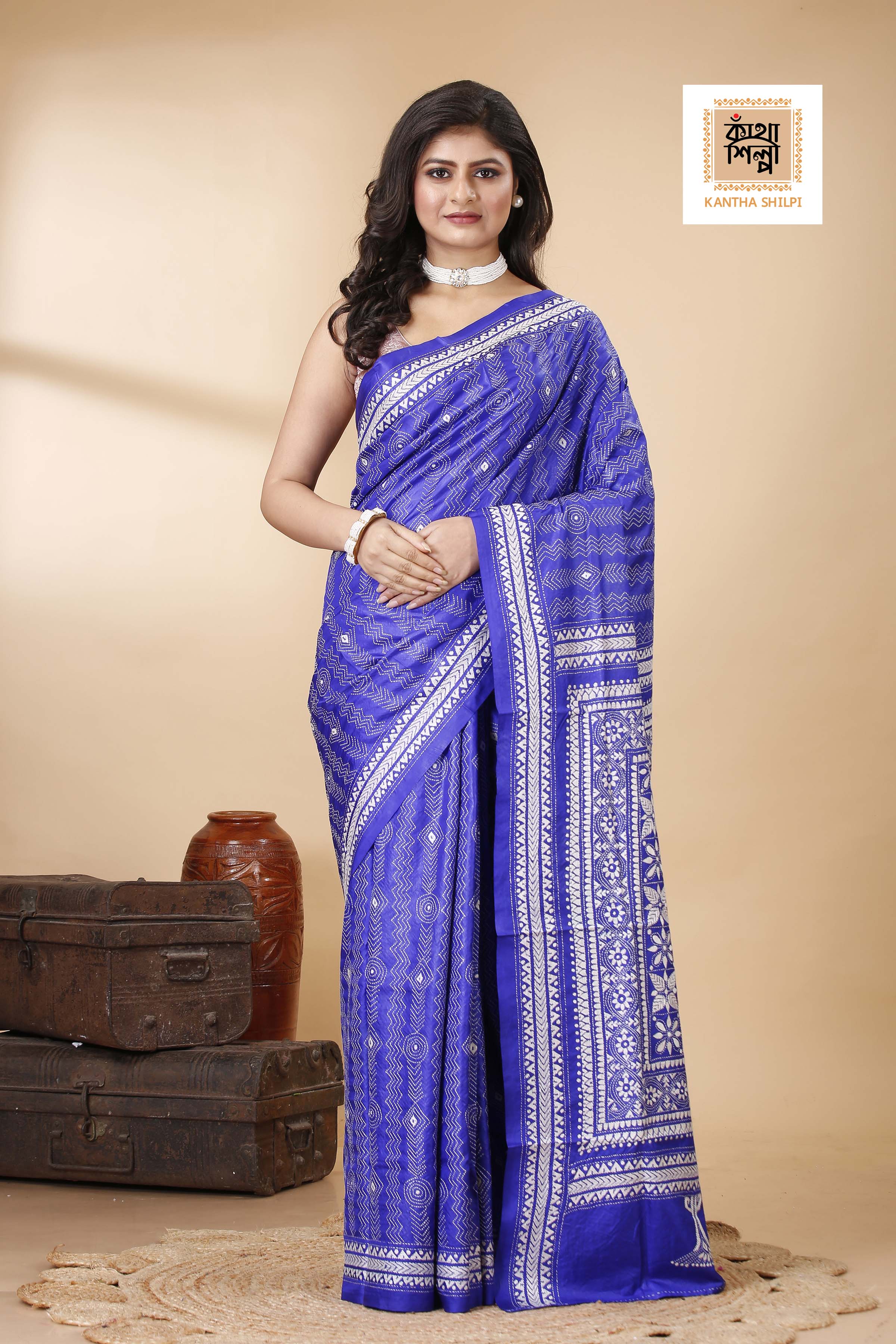 Blue Pure Bangalore Silk white color Thread Work Geometric Kantha Stitch Saree