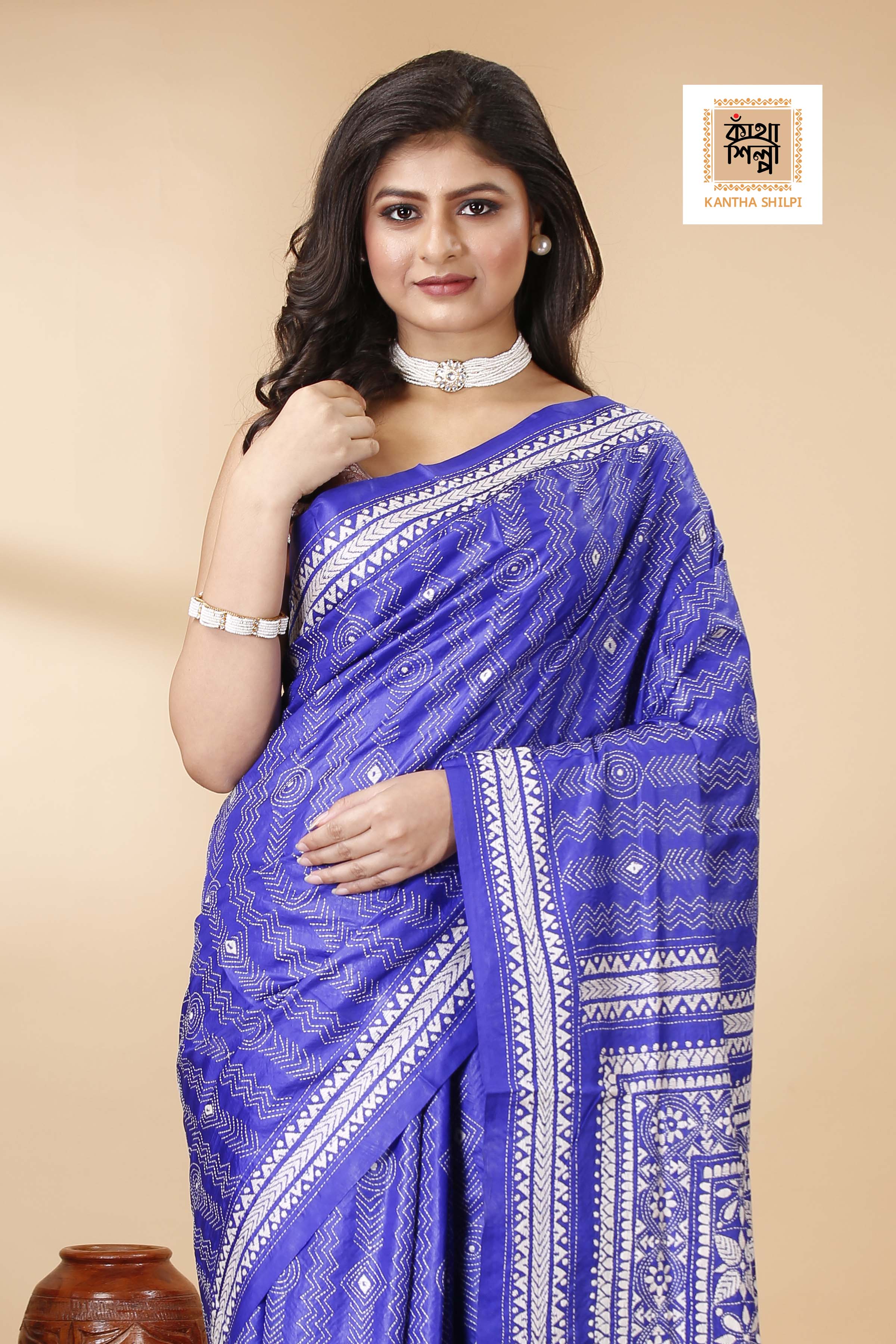 Blue Pure Bangalore Silk white color Thread Work Geometric Kantha Stitch Saree