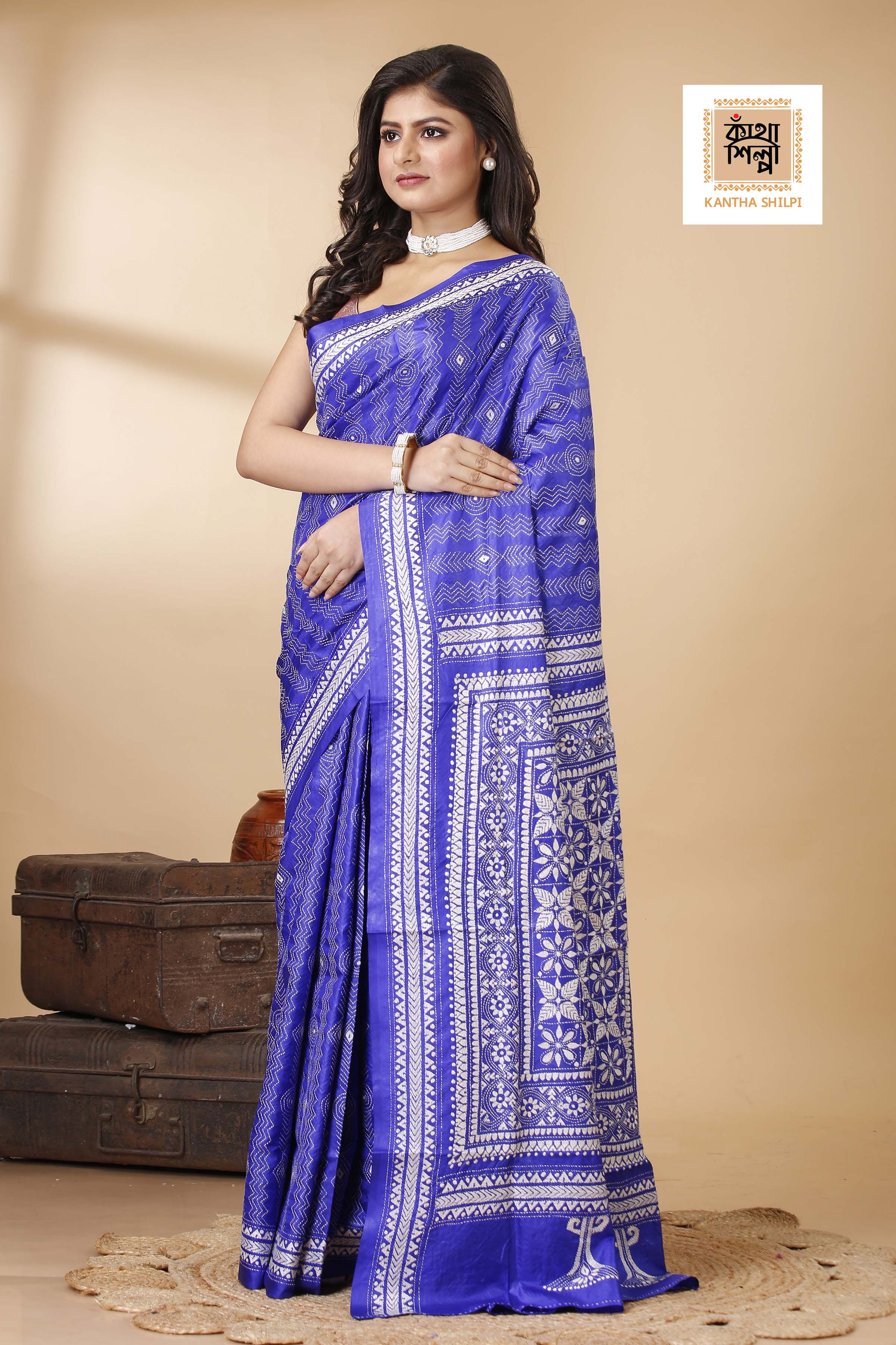 Blue Pure Bangalore Silk white color Thread Work Geometric Kantha Stitch Saree