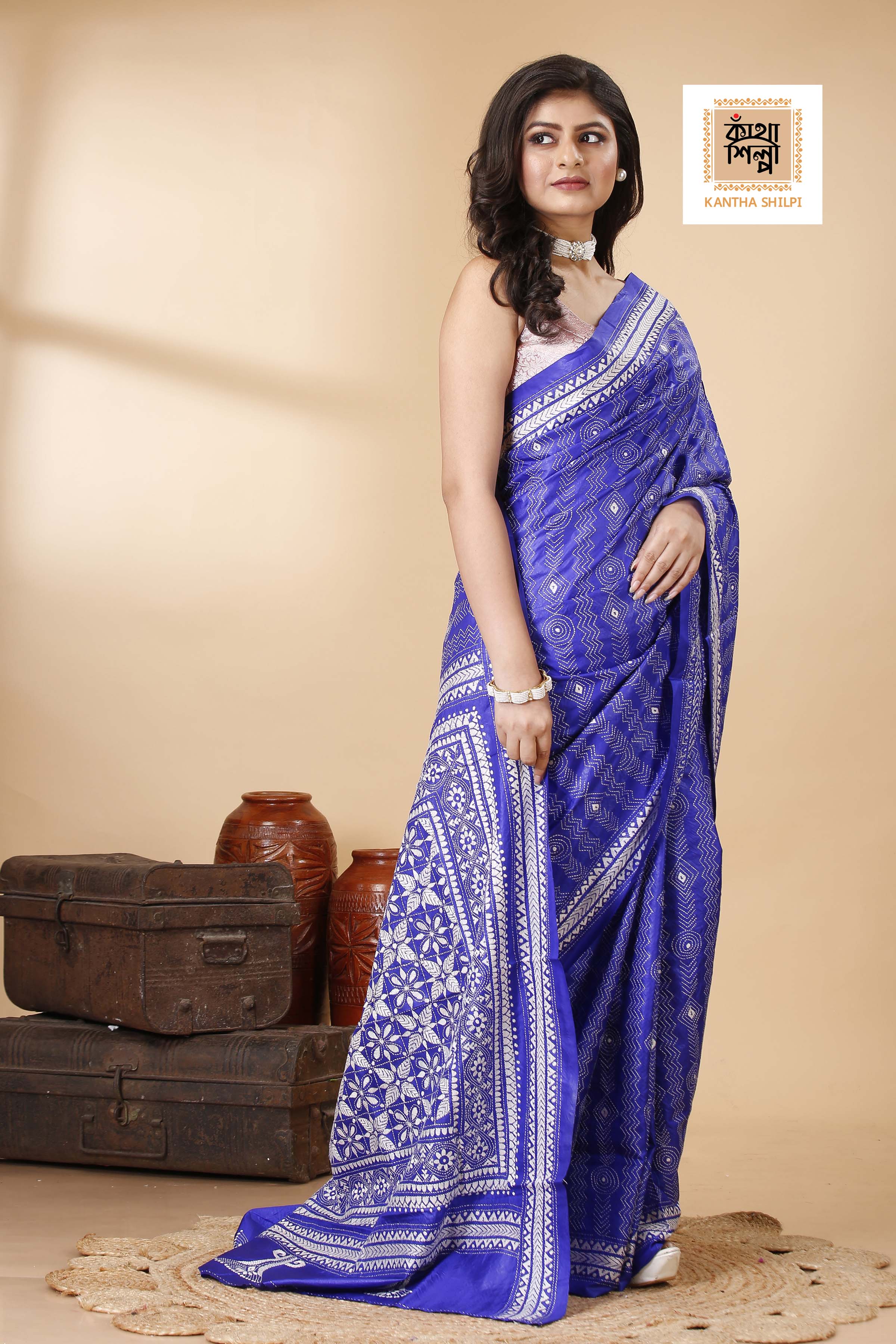 Blue Pure Bangalore Silk white color Thread Work Geometric Kantha Stitch Saree