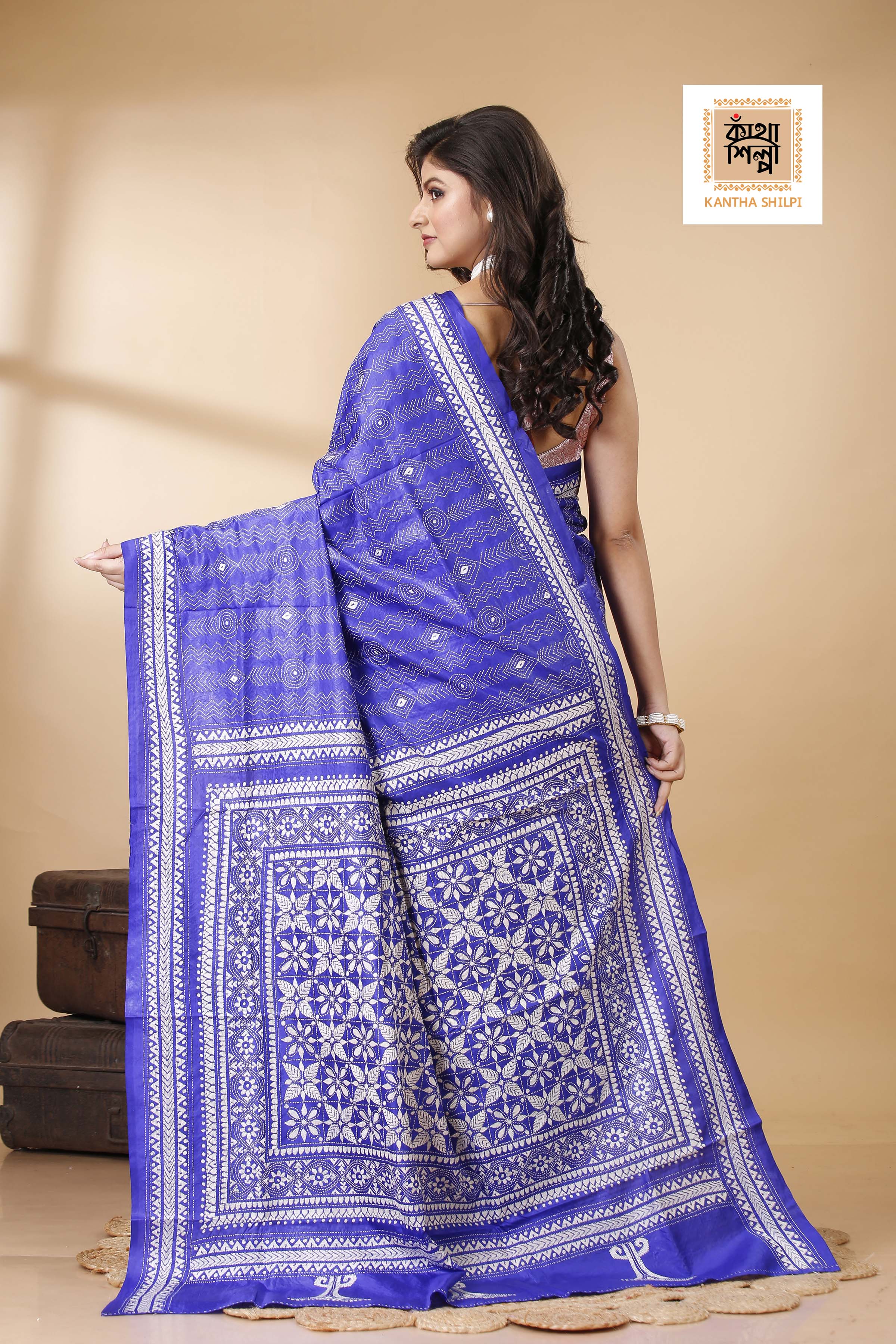 Blue Pure Bangalore Silk white color Thread Work Geometric Kantha Stitch Saree
