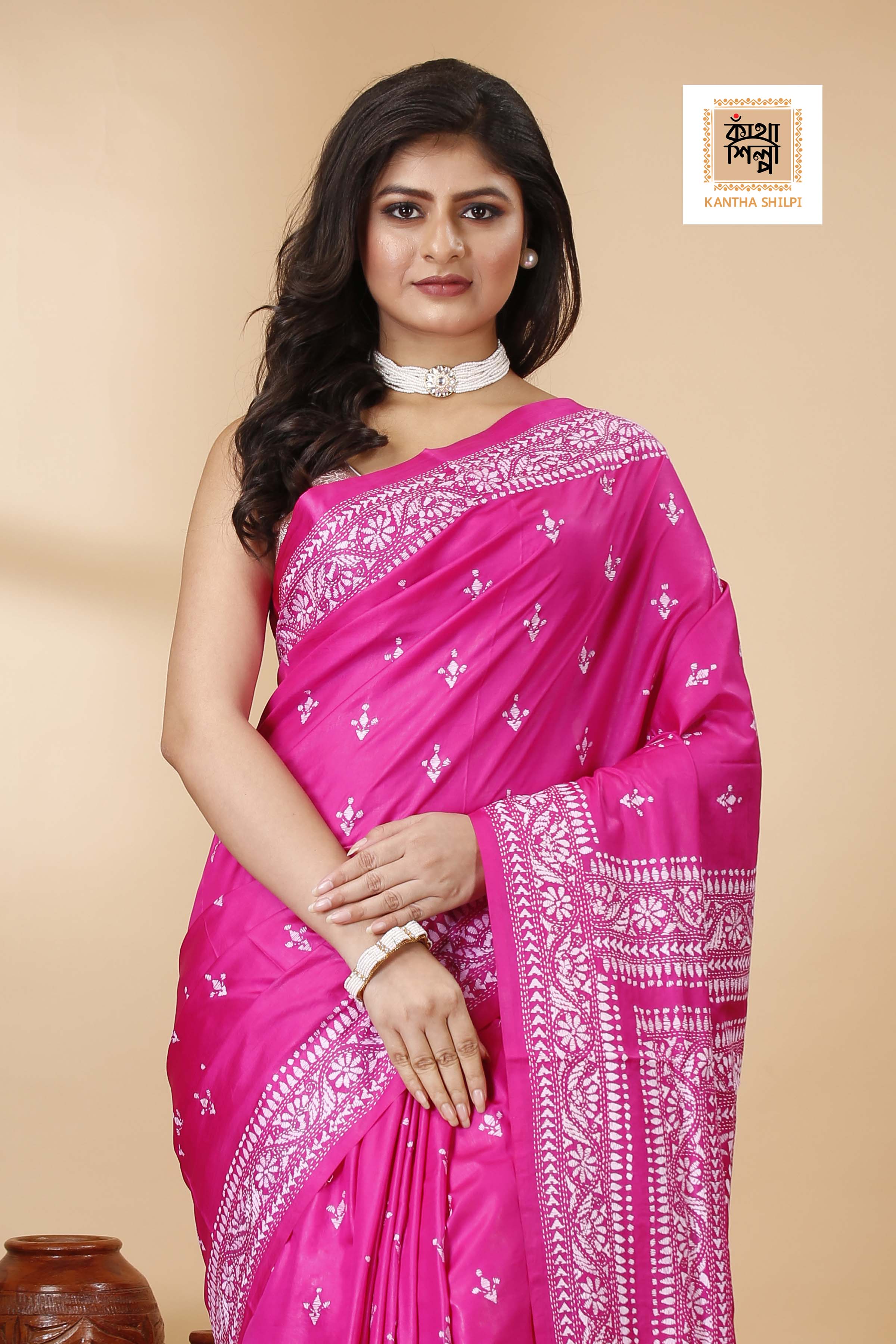 Pure Bangalore Silk White Color Thread Work Floral Kantha Stitch Saree