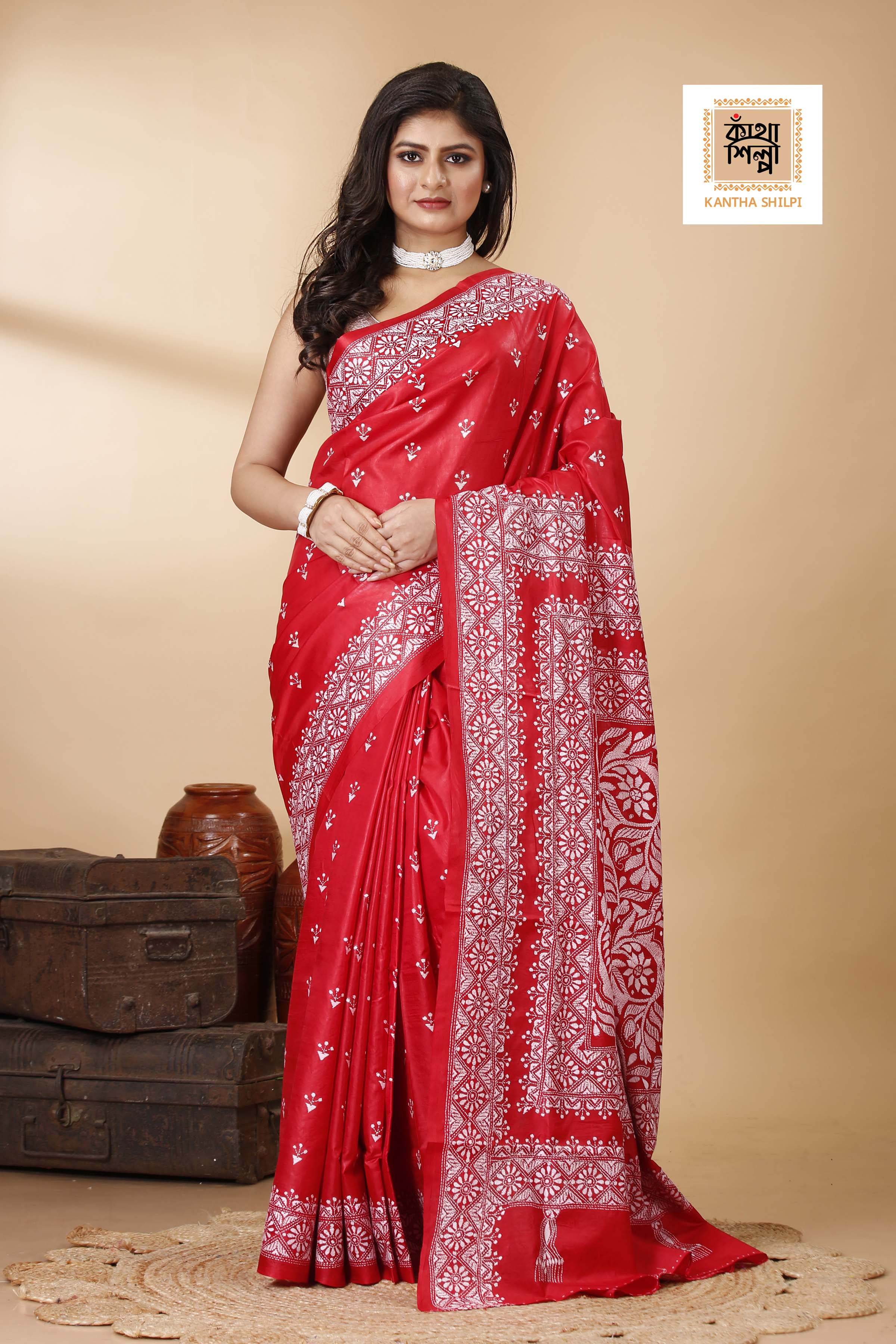 Red Pure Bangalore Silk White Color Thread Work Floral Kantha Stitch Saree