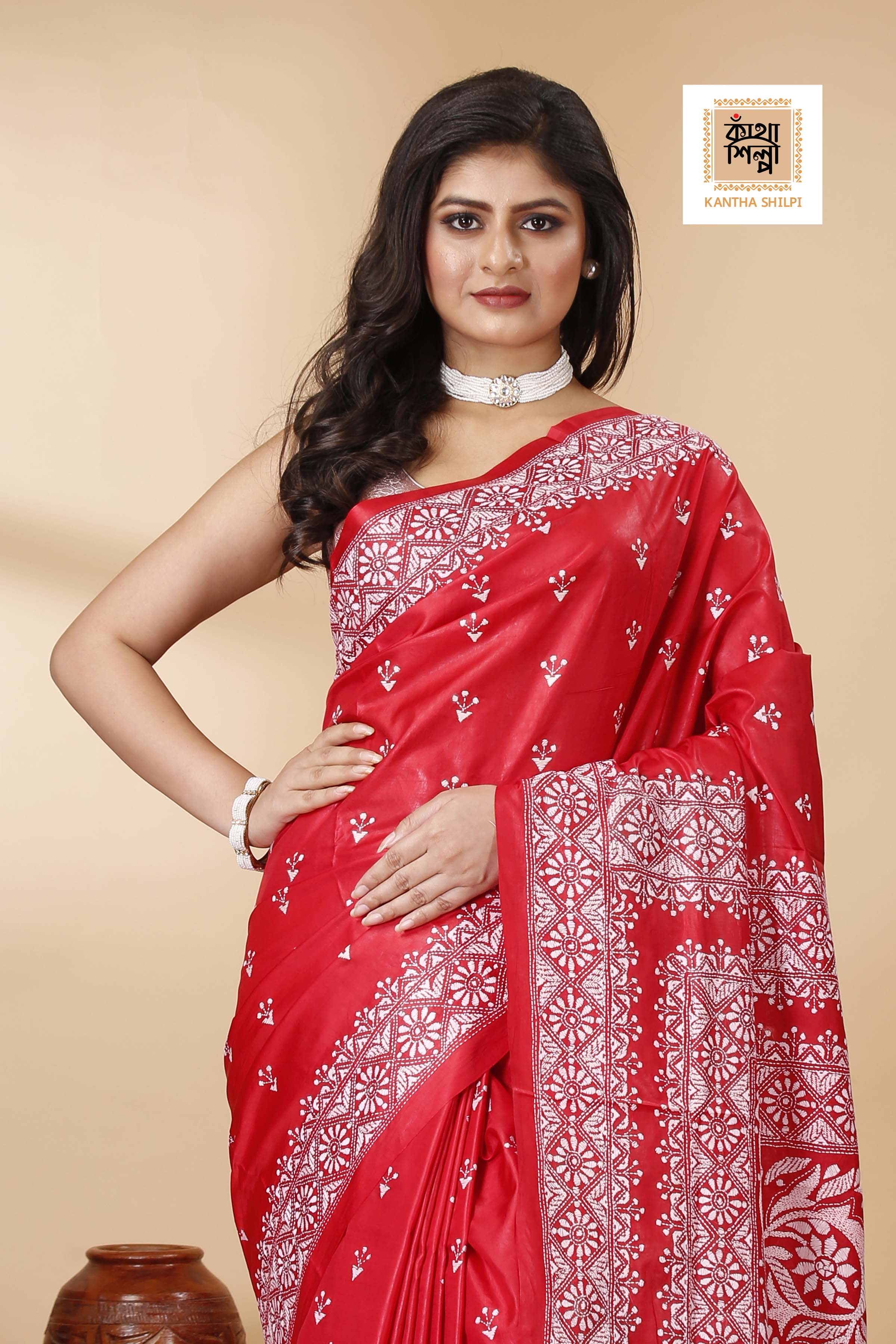 Red Pure Bangalore Silk White Color Thread Work Floral Kantha Stitch Saree