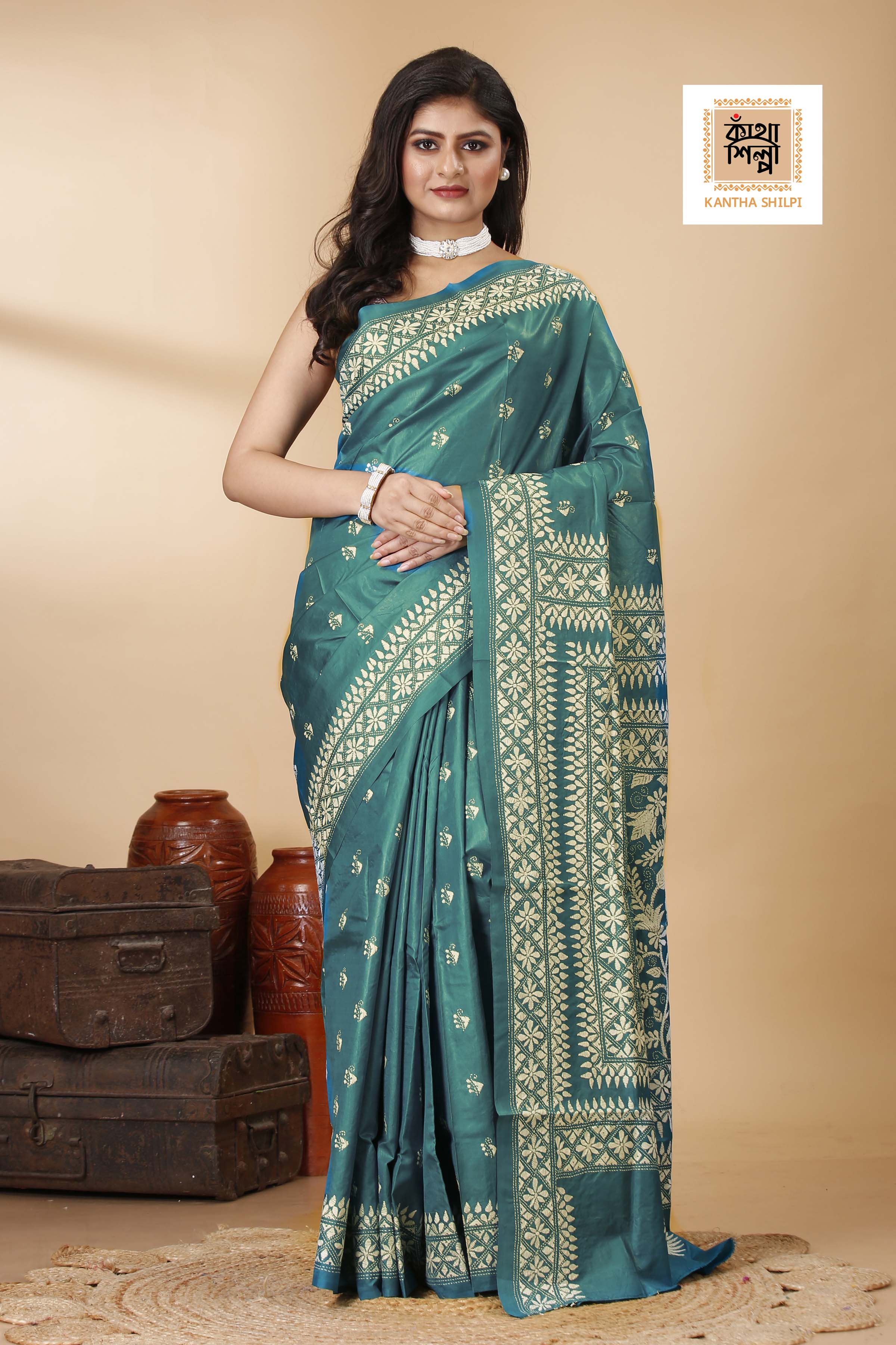 Pure Bangalore Silk White Color Thread Work Floral Kantha Stitch Saree