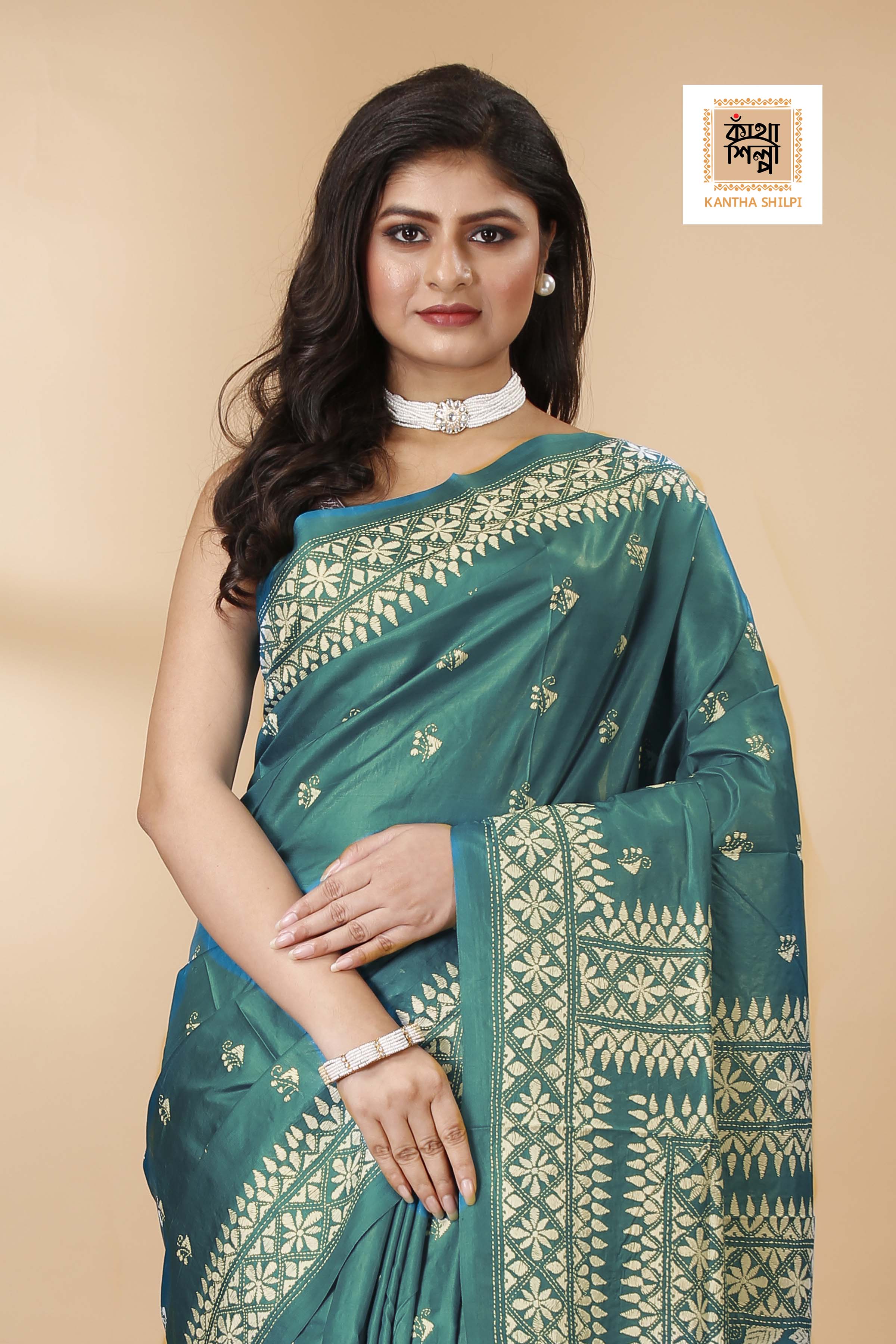 Pure Bangalore Silk White Color Thread Work Floral Kantha Stitch Saree
