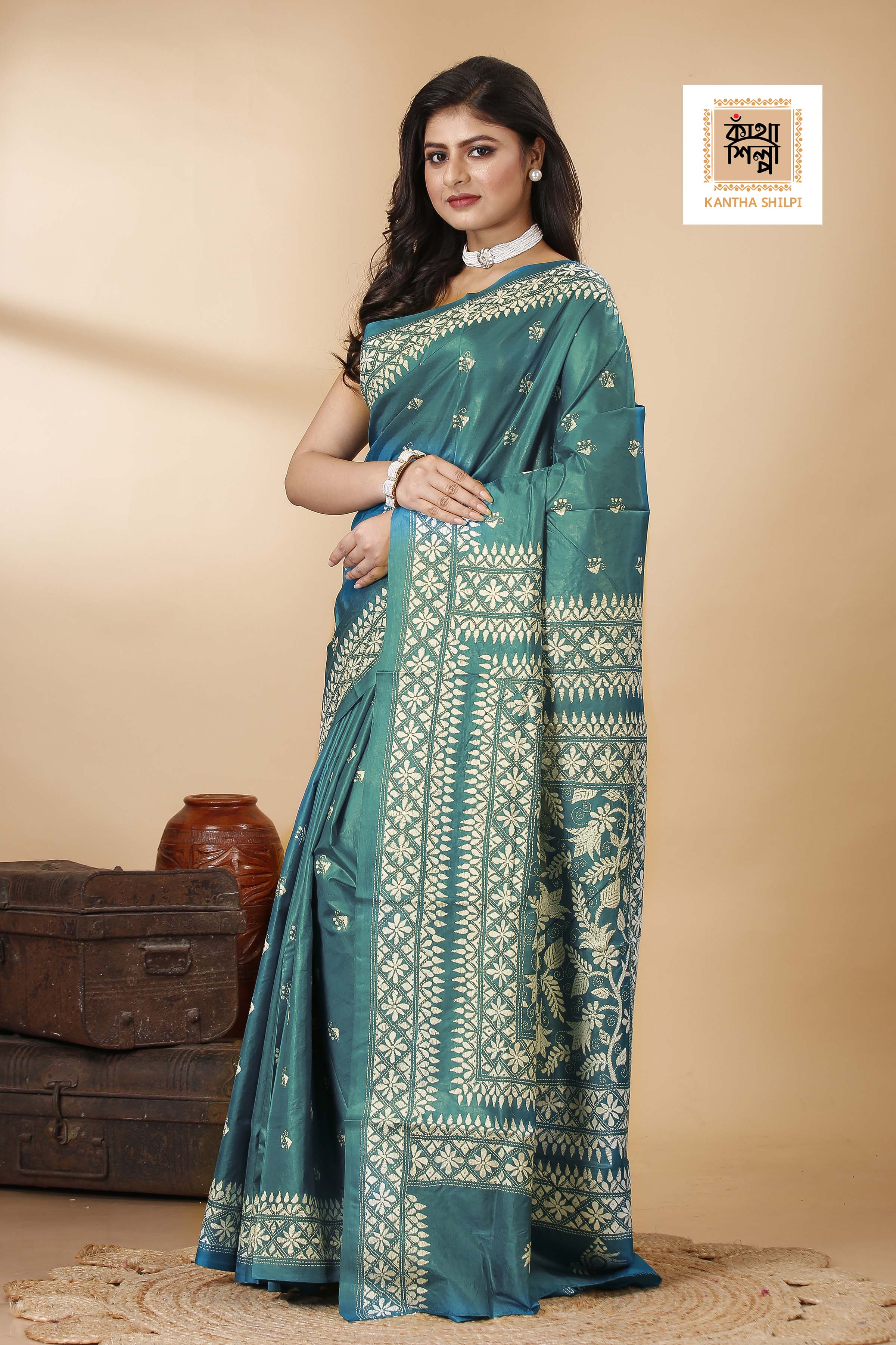 Pure Bangalore Silk White Color Thread Work Floral Kantha Stitch Saree