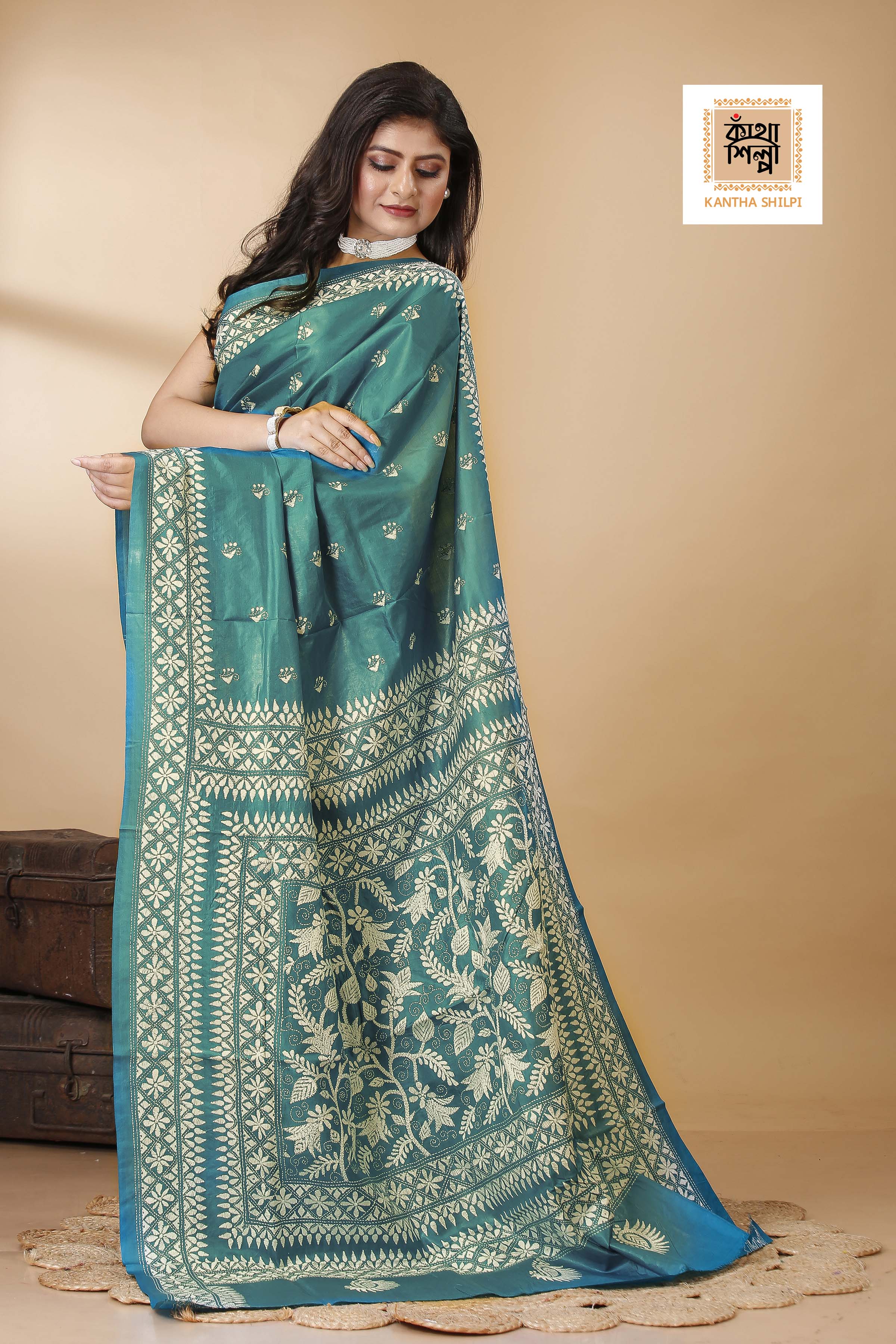 Pure Bangalore Silk White Color Thread Work Floral Kantha Stitch Saree