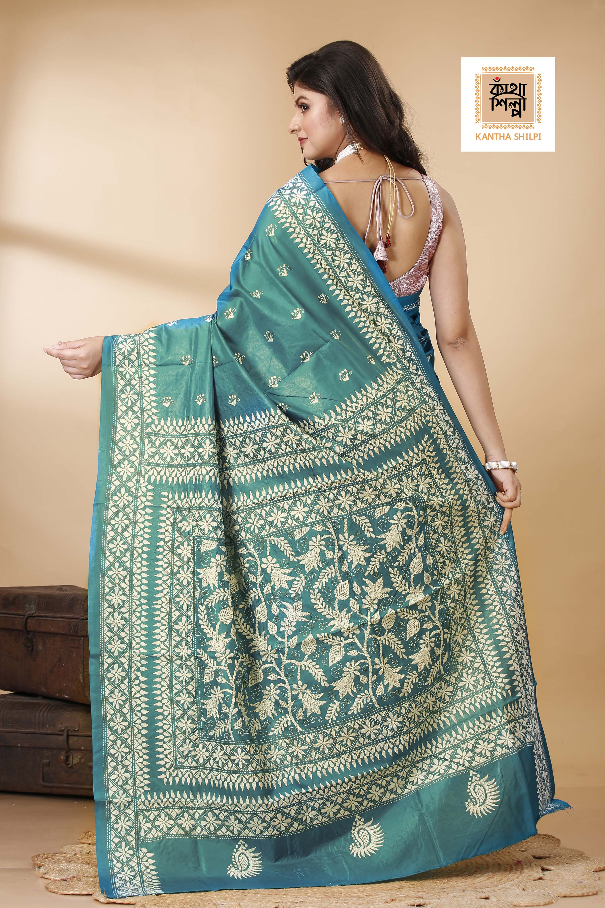 Pure Bangalore Silk White Color Thread Work Floral Kantha Stitch Saree