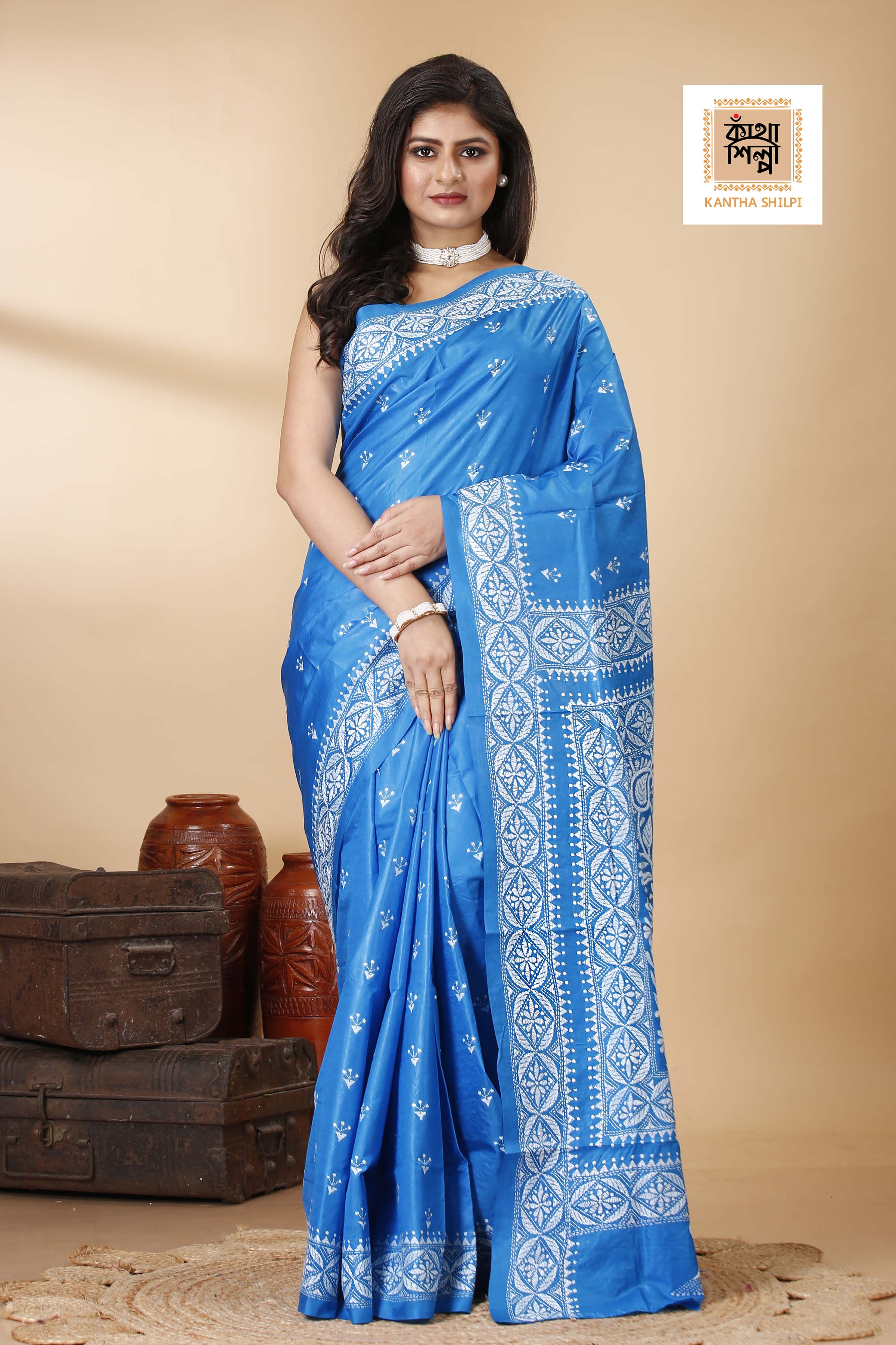 Pure Bangalore Silk White Color Thread Work Floral Design Kantha Stitch Saree