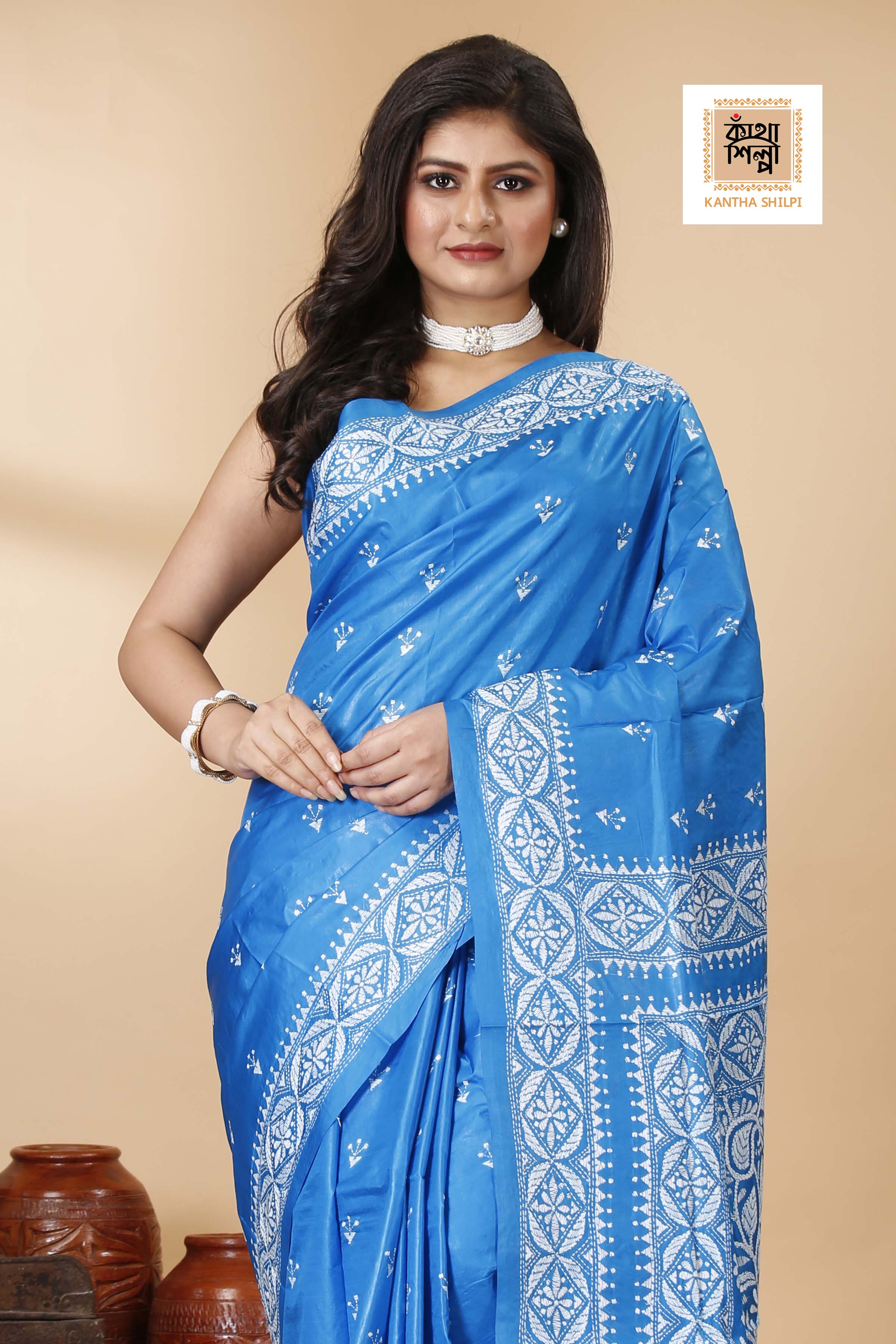 Pure Bangalore Silk White Color Thread Work Floral Design Kantha Stitch Saree