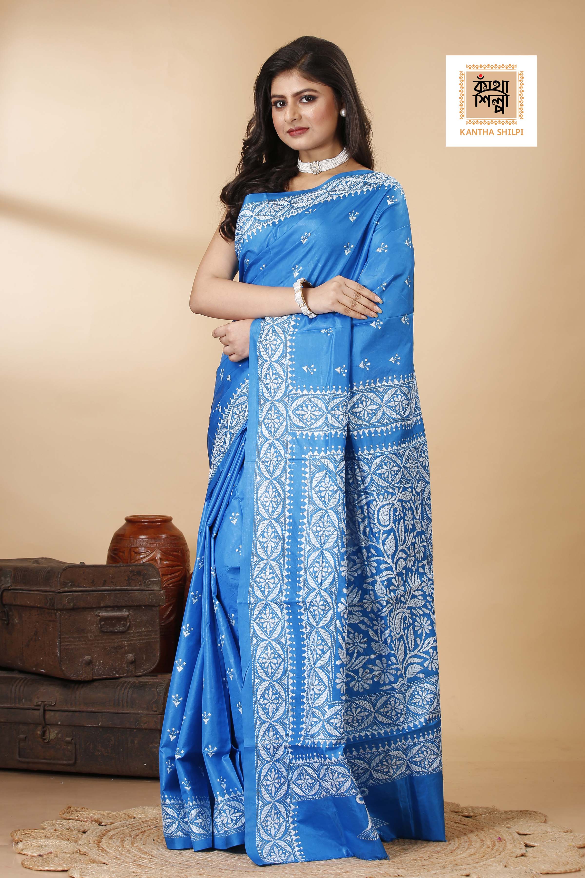 Pure Bangalore Silk White Color Thread Work Floral Design Kantha Stitch Saree