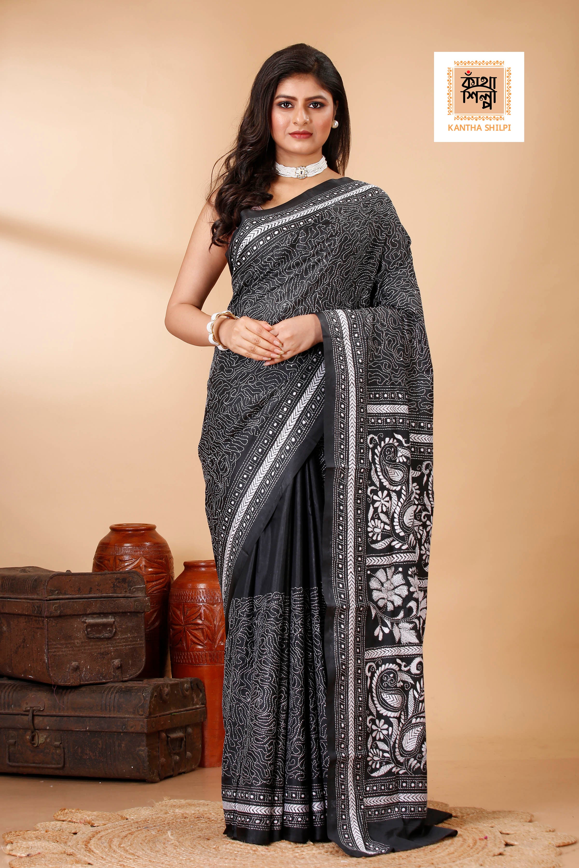 Bangalore Silk Single Thread Work Kantha Stitch Saree