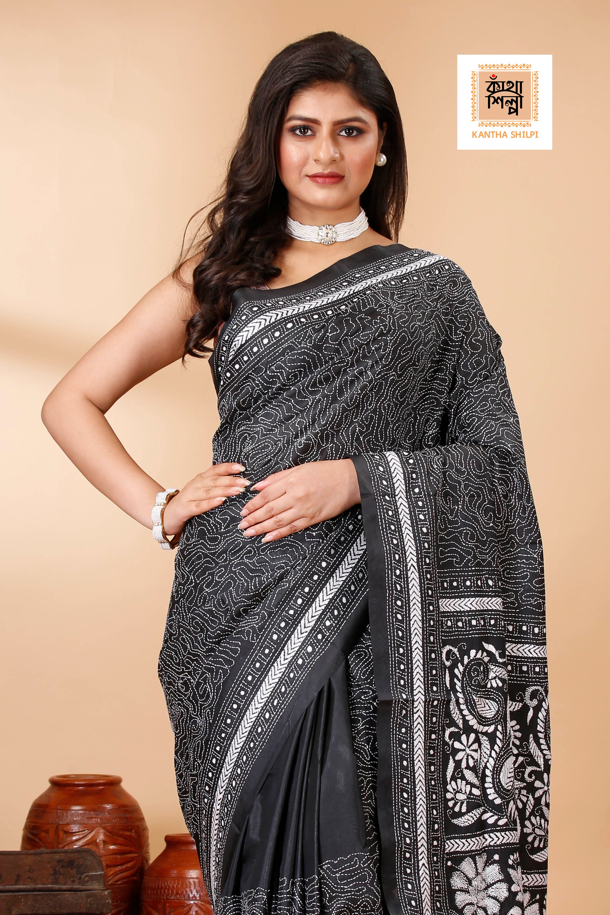 Bangalore Silk Single Thread Work Kantha Stitch Saree