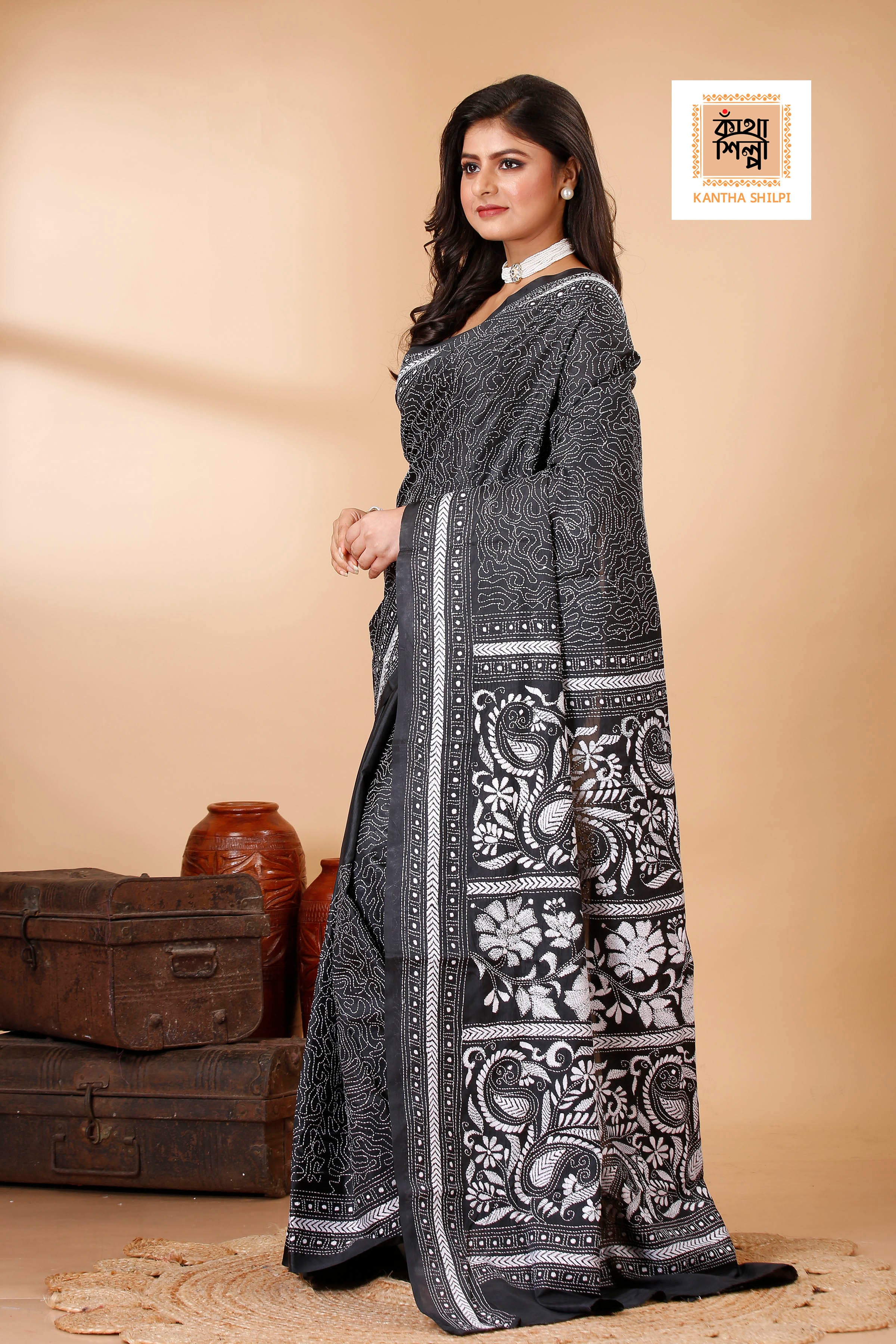 Bangalore Silk Single Thread Work Kantha Stitch Saree