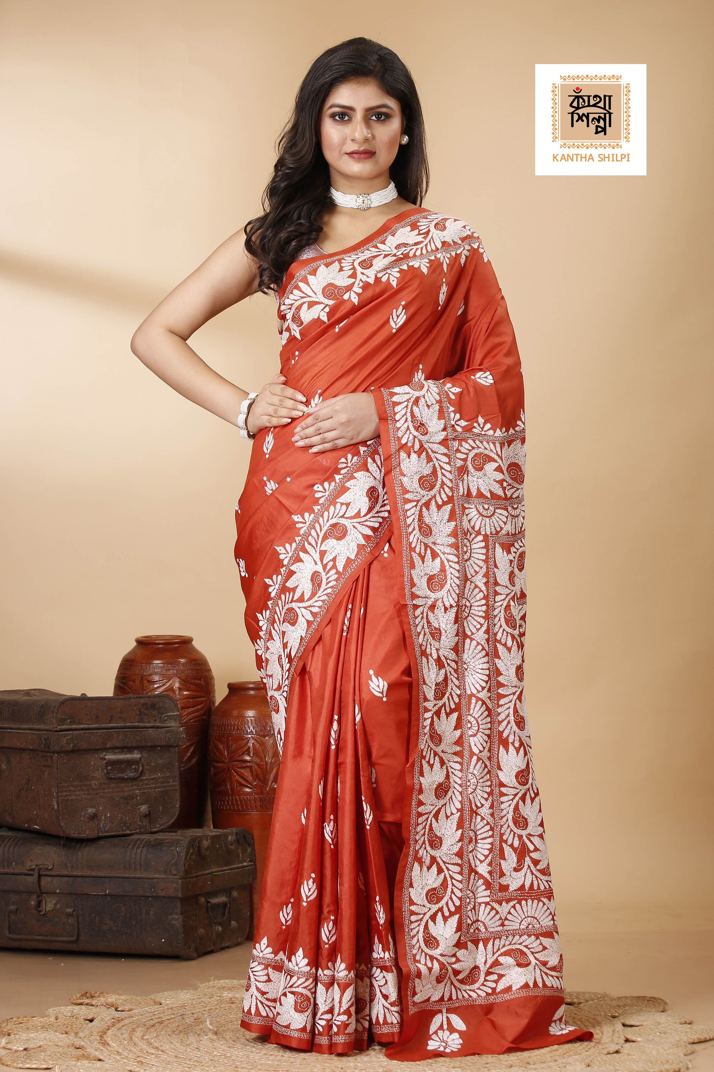 Rust Pure Bangalore Silk White Color Thread Work Floral Design Kantha Stitch Saree