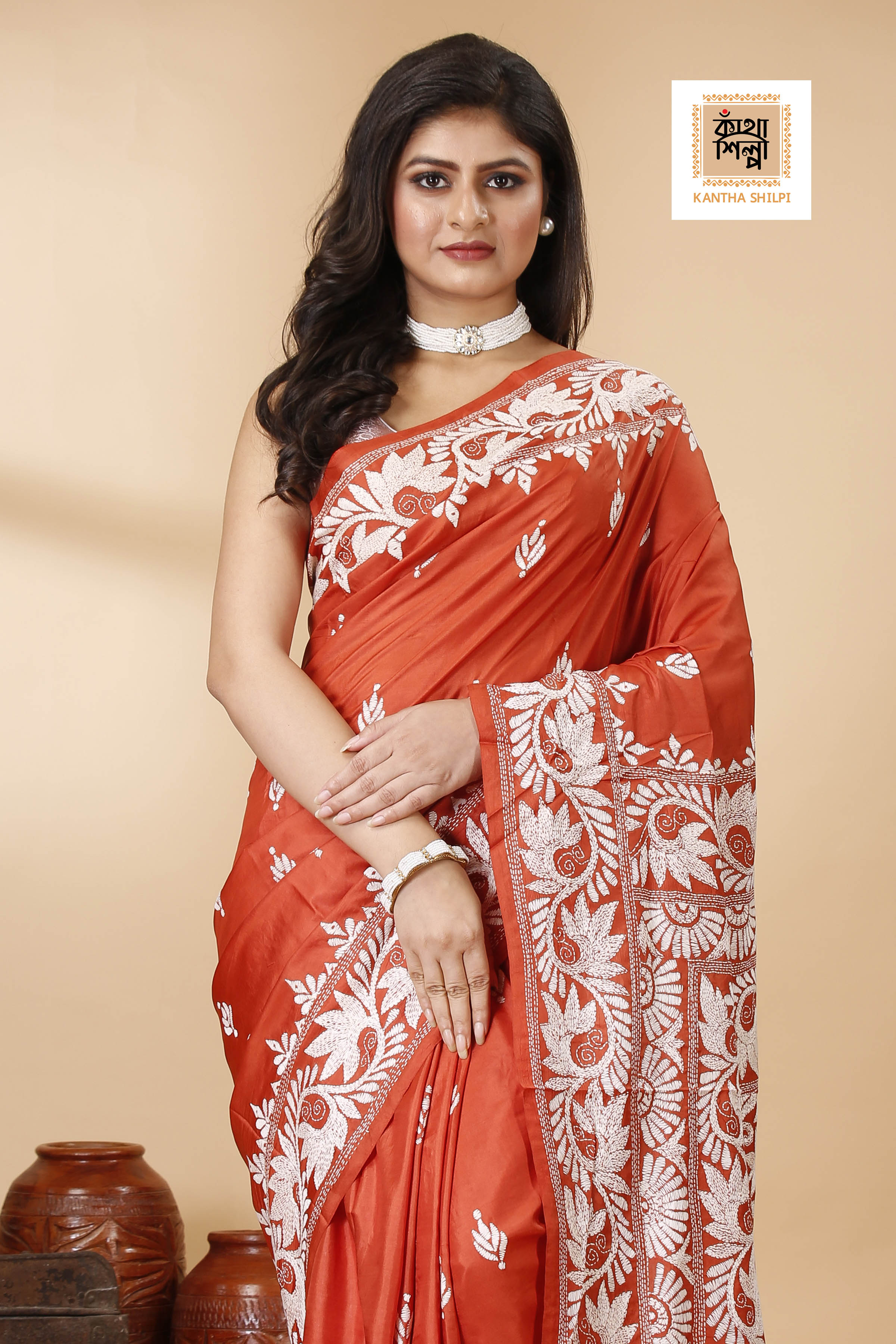 Rust Pure Bangalore Silk White Color Thread Work Floral Design Kantha Stitch Saree