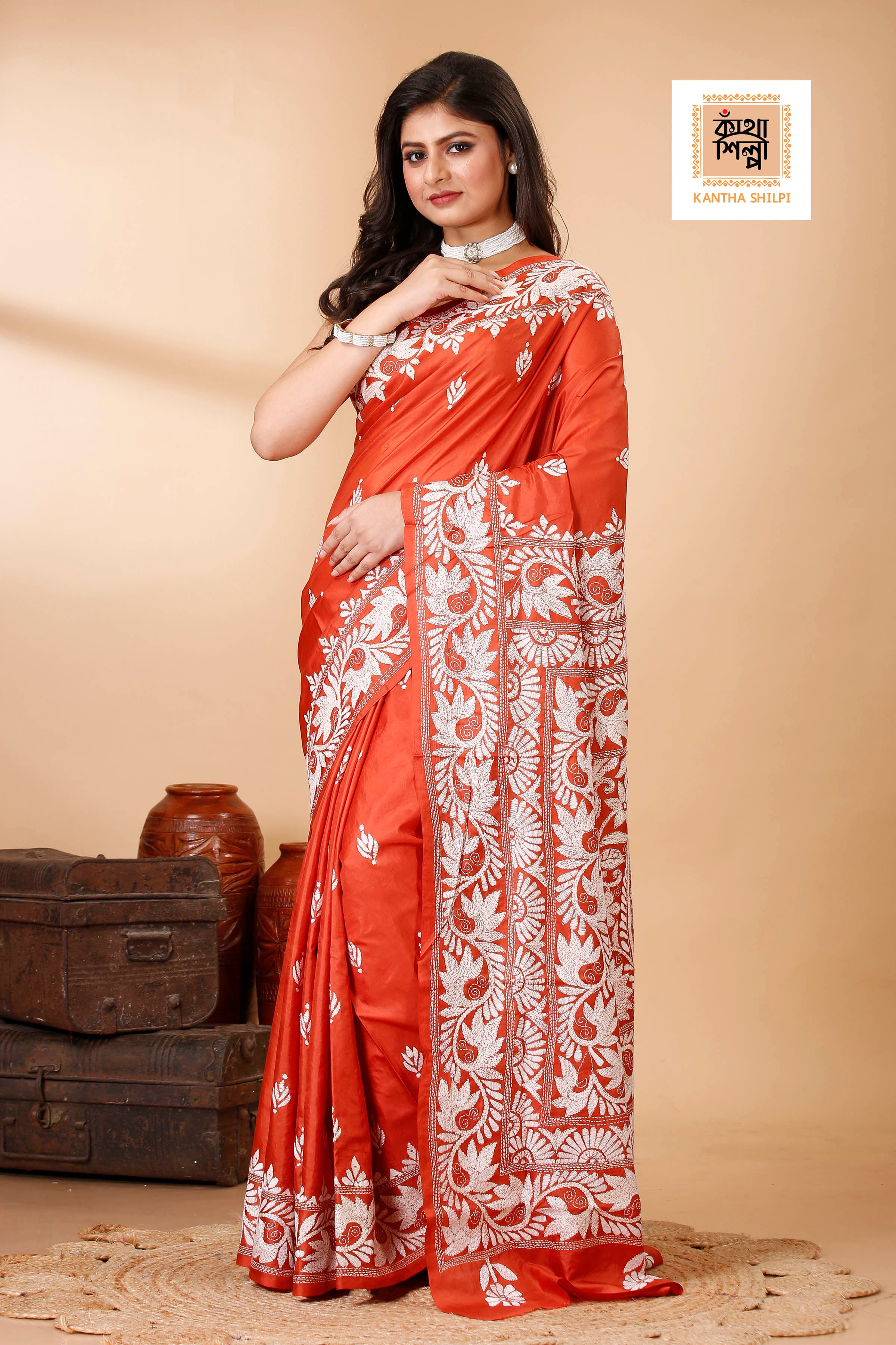 Rust Pure Bangalore Silk White Color Thread Work Floral Design Kantha Stitch Saree