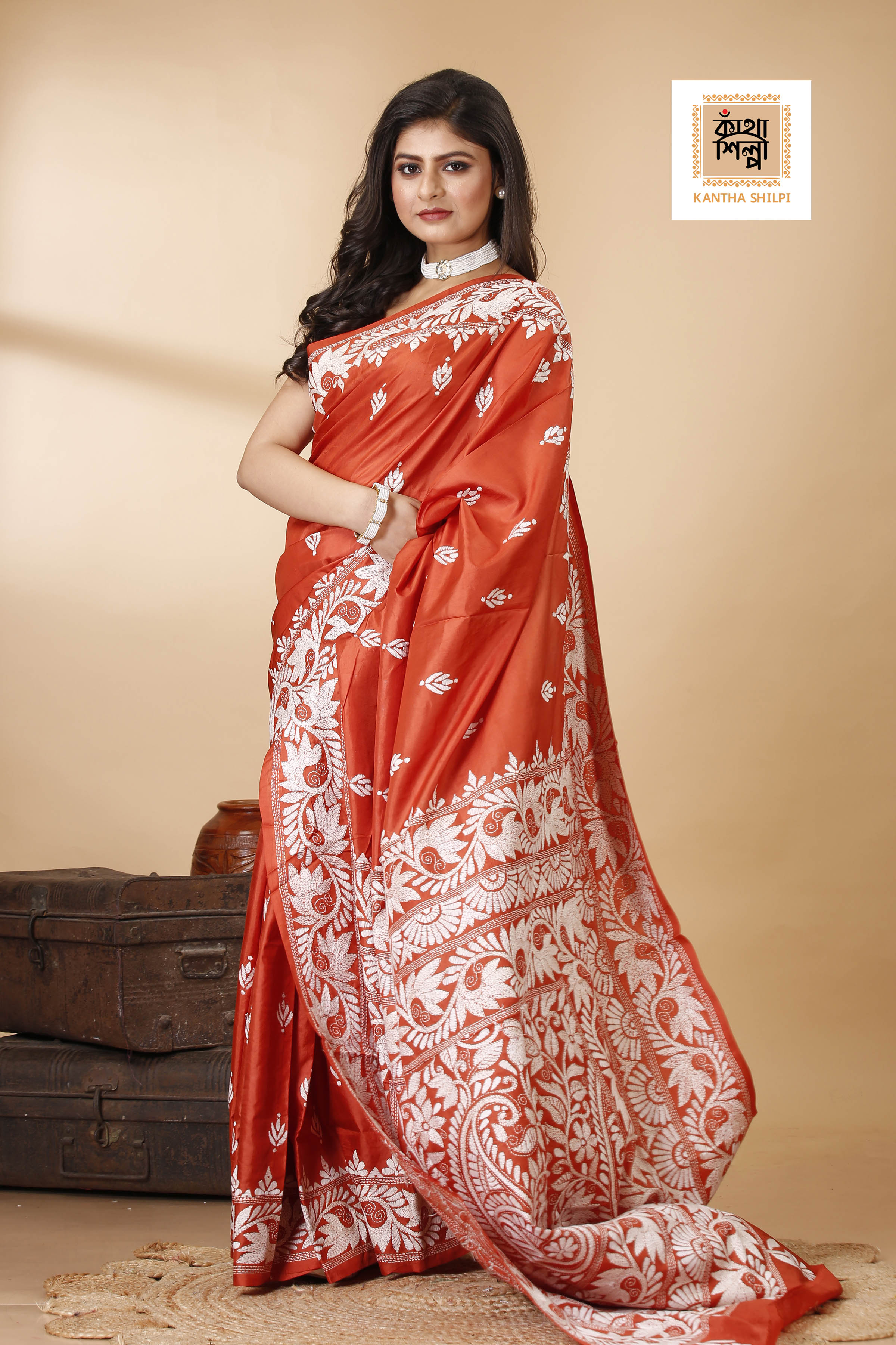 Rust Pure Bangalore Silk White Color Thread Work Floral Design Kantha Stitch Saree