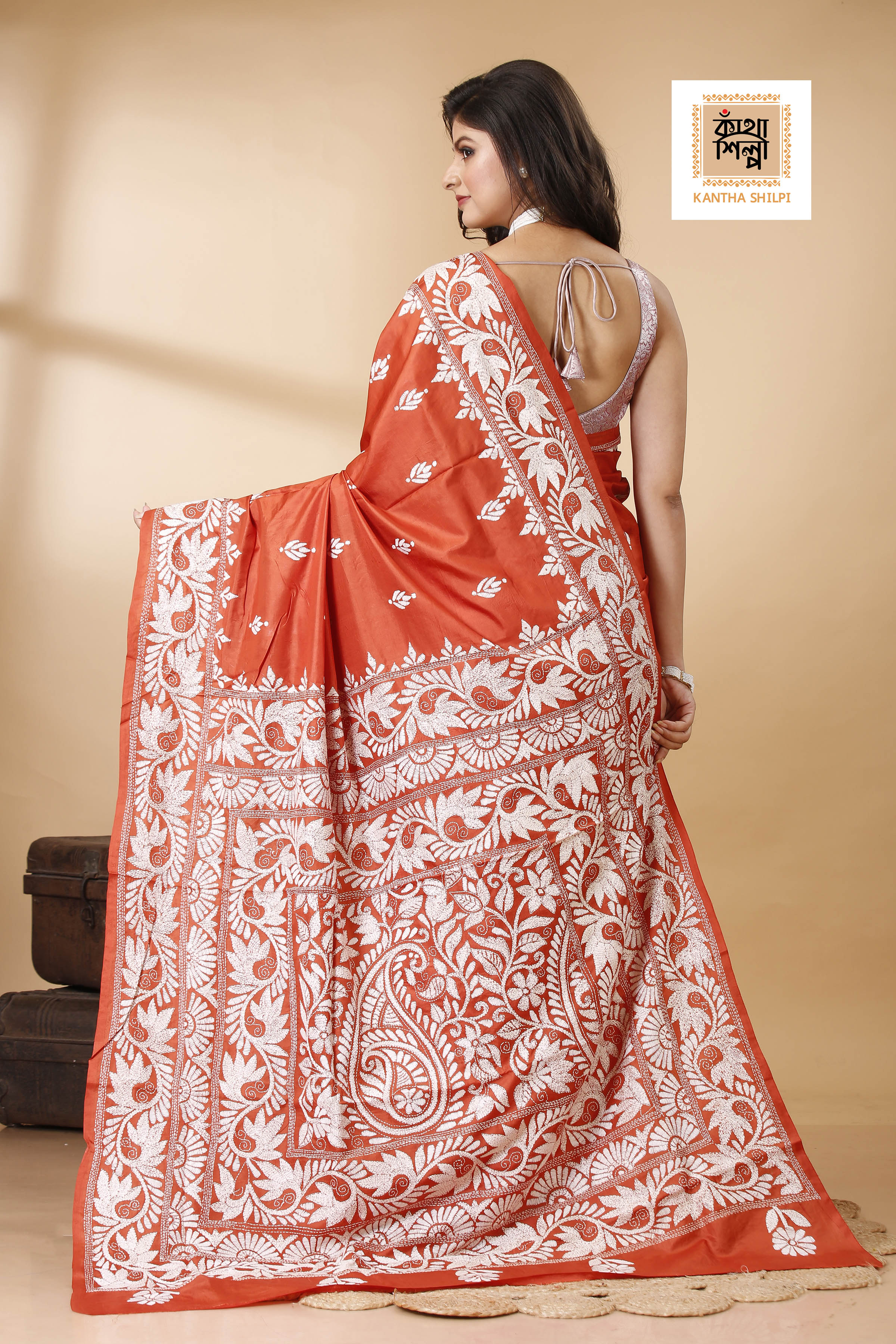 Rust Pure Bangalore Silk White Color Thread Work Floral Design Kantha Stitch Saree