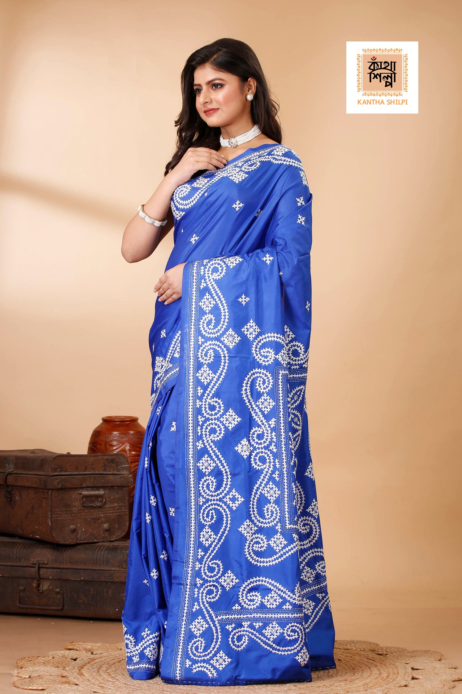 Butter Silk White Thread Work Gujrati Stitch Saree