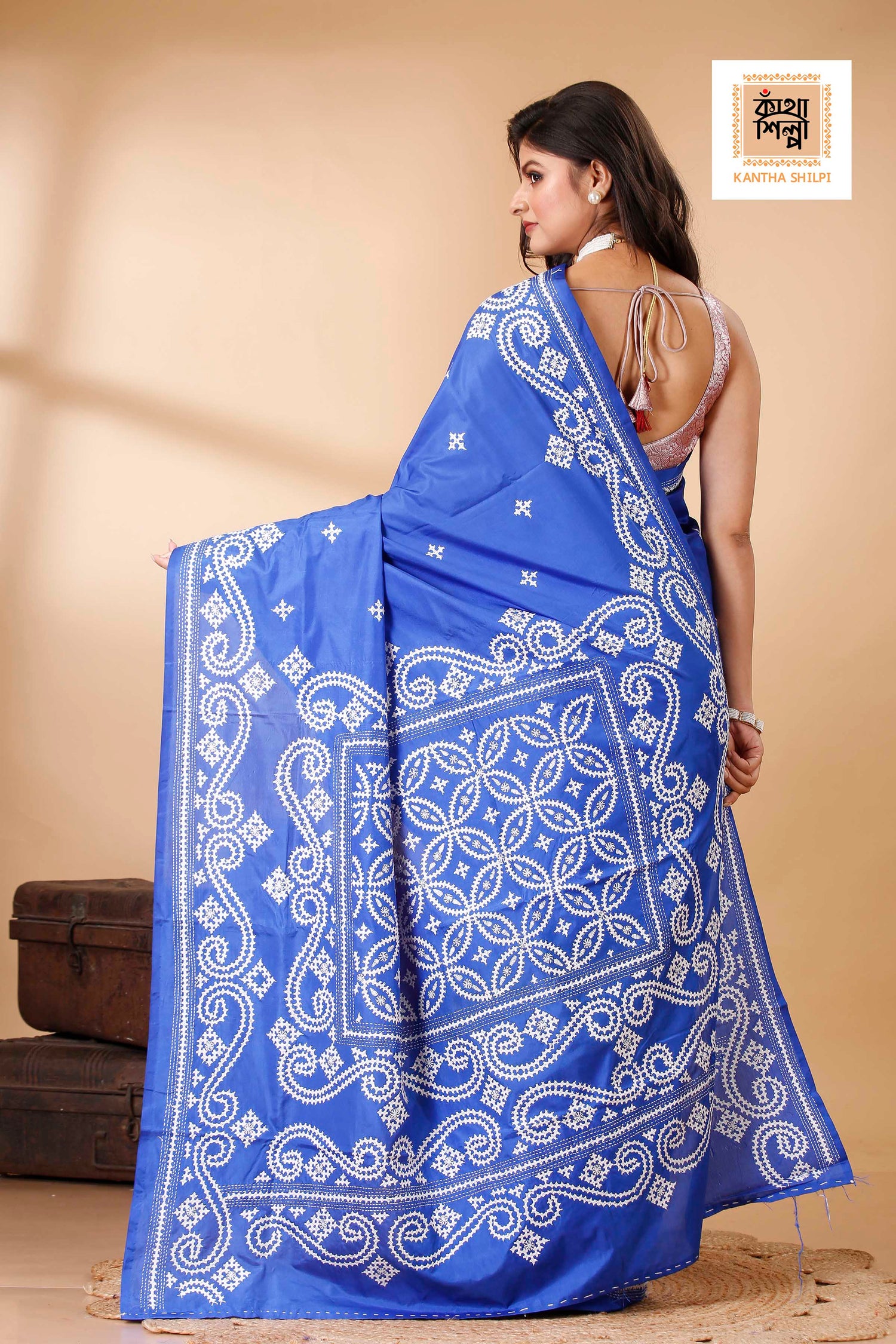 Butter Silk White Thread Work Gujrati Stitch Saree