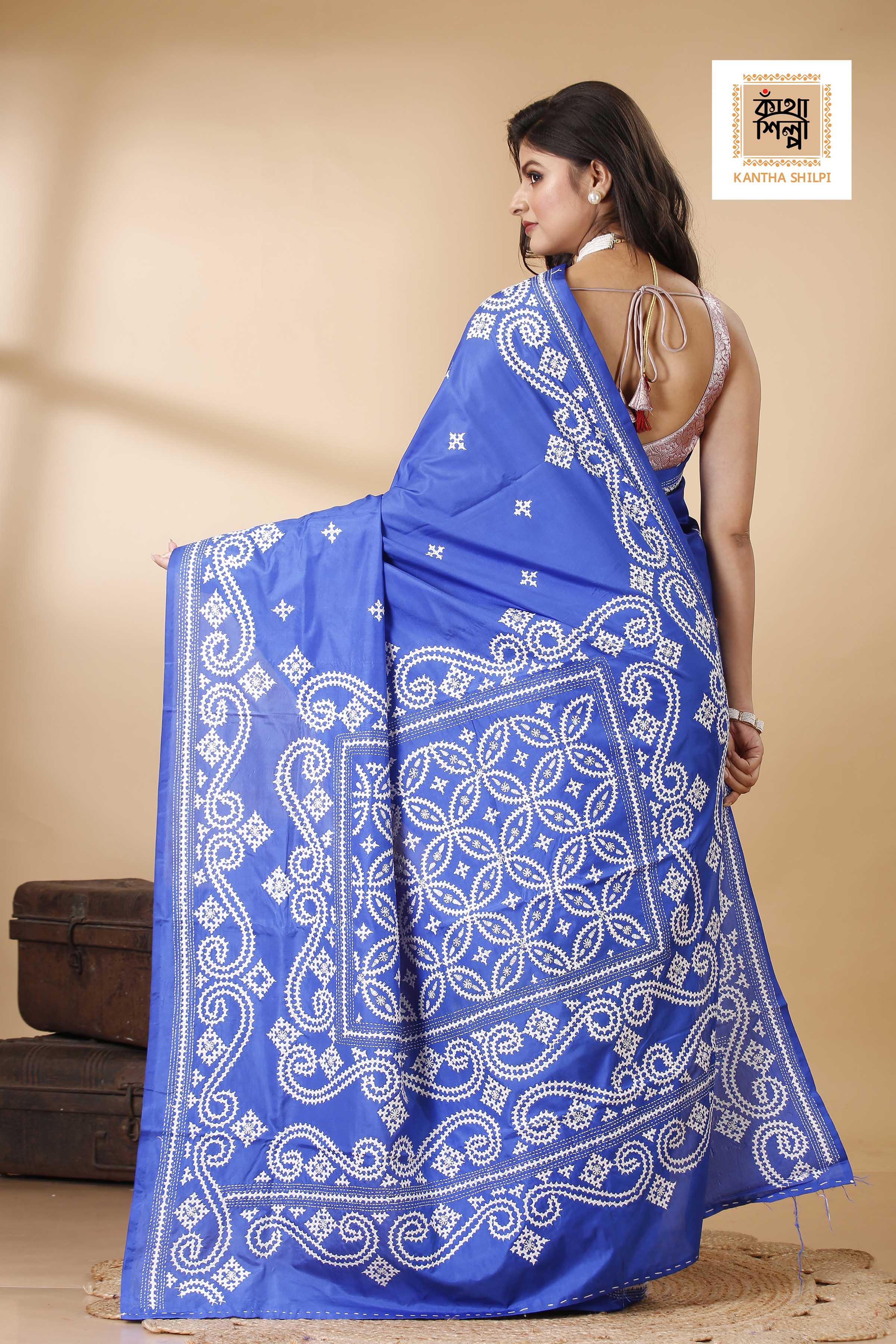 Butter Silk White Thread Work Gujrati Stitch Saree