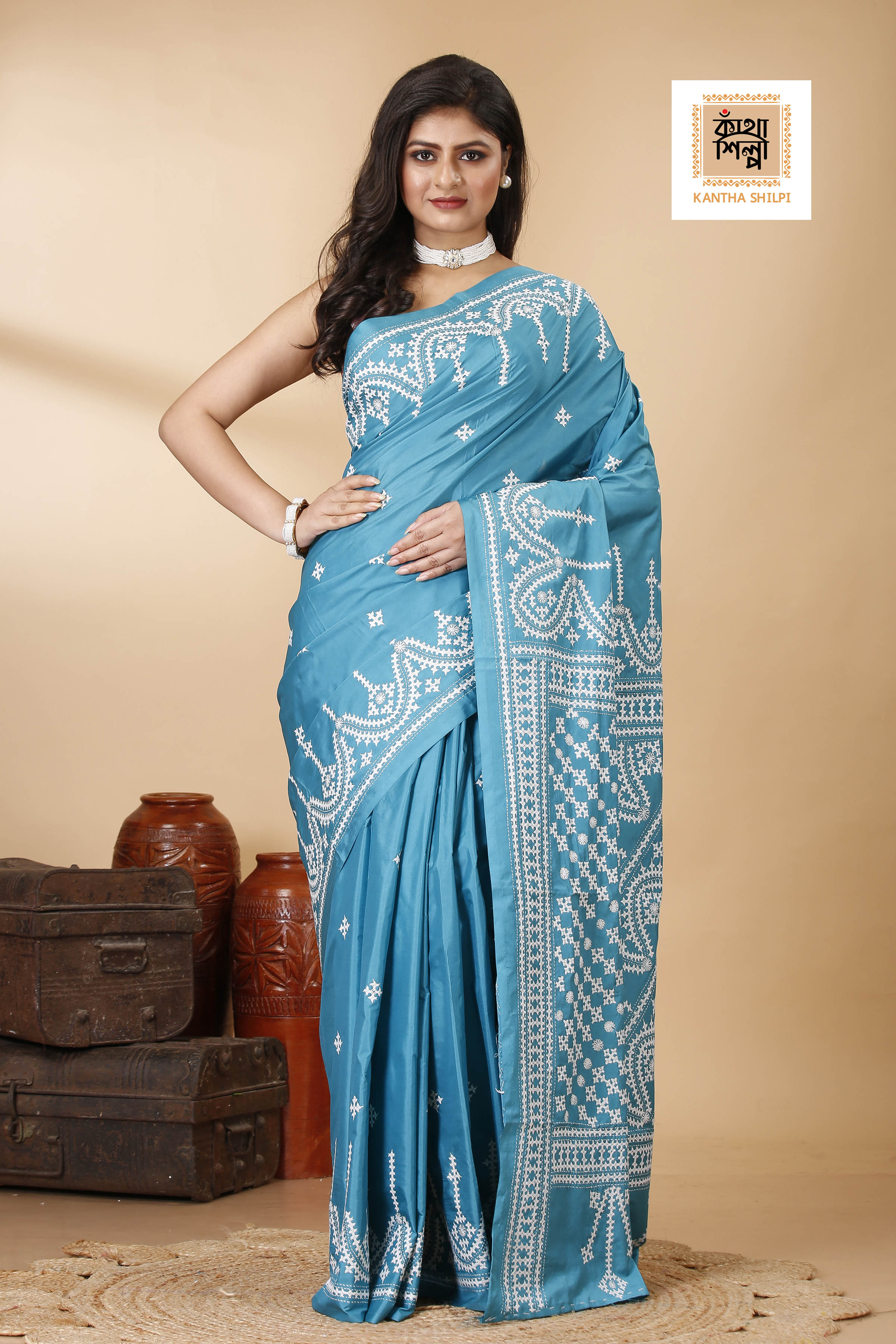 Butter Silk White Thread Work Gujrati Stitch Saree