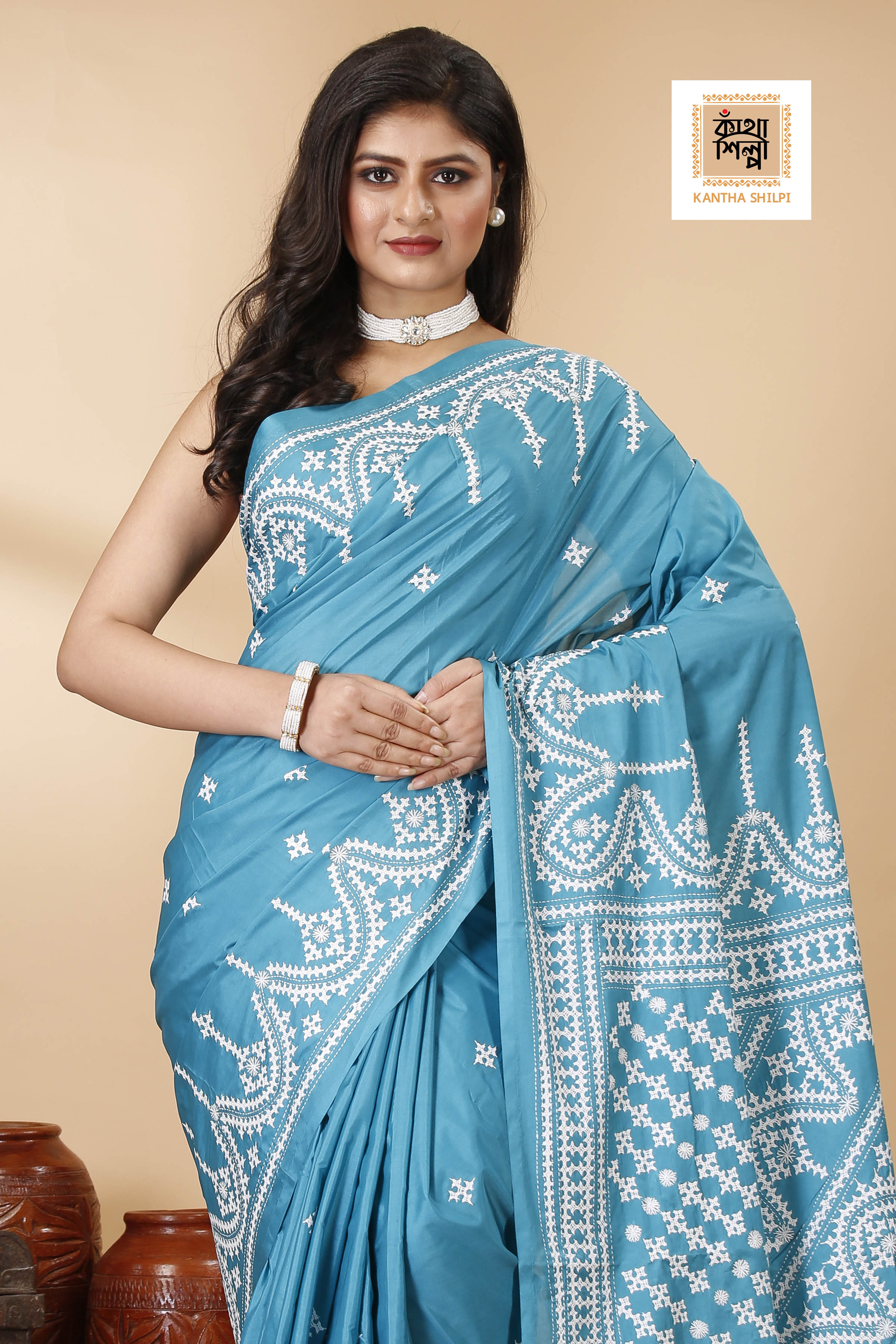 Butter Silk White Thread Work Gujrati Stitch Saree