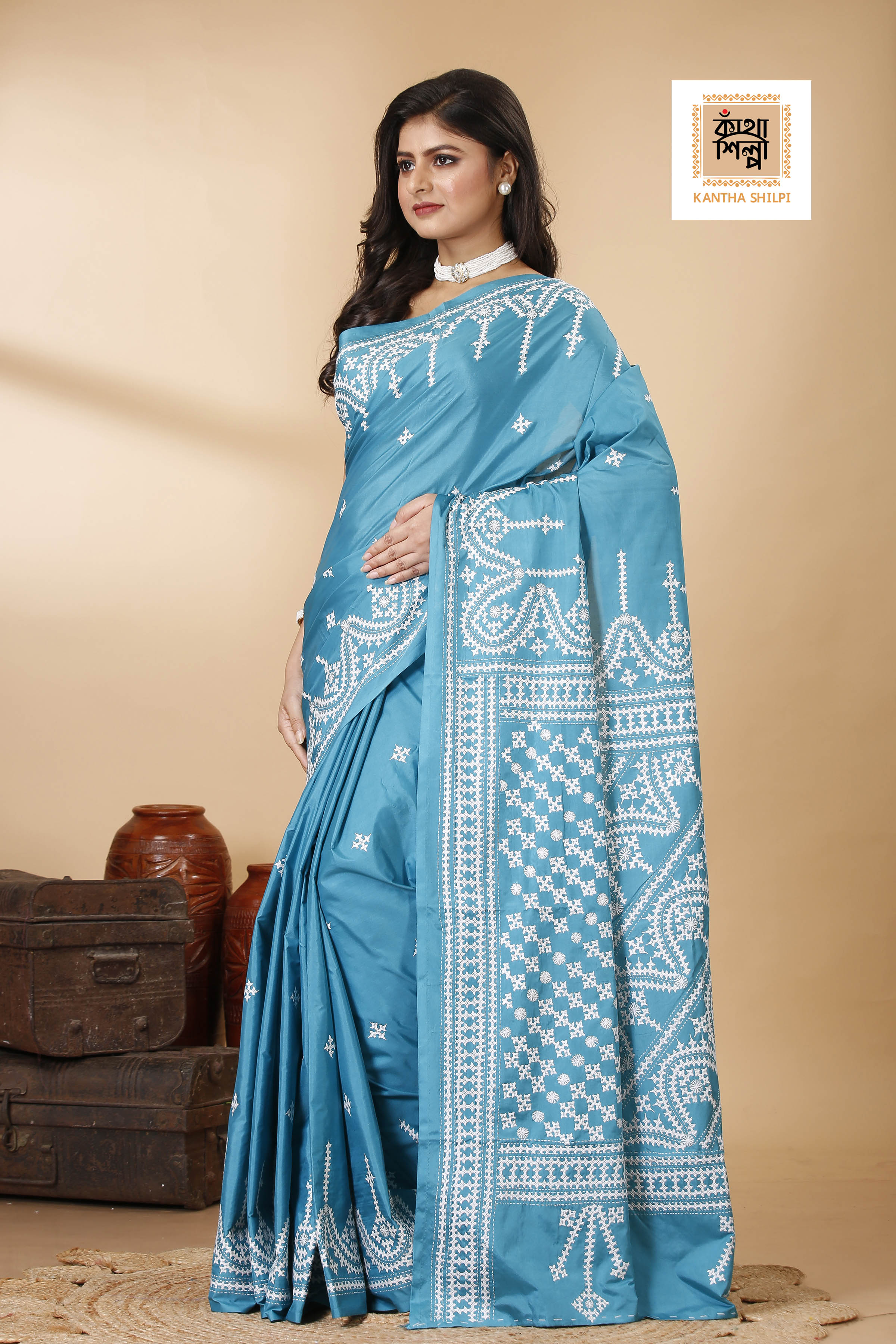 Butter Silk White Thread Work Gujrati Stitch Saree