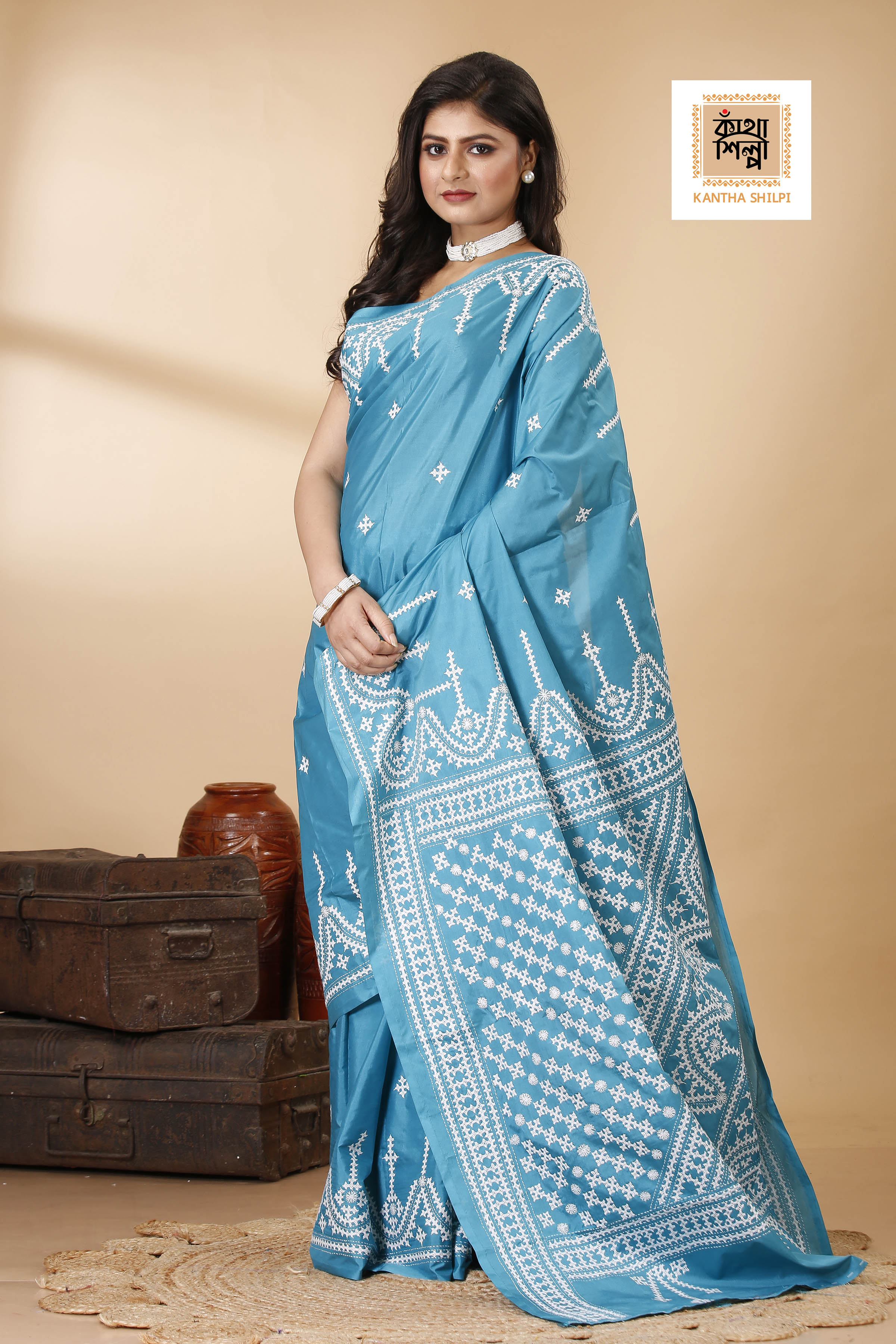 Butter Silk White Thread Work Gujrati Stitch Saree
