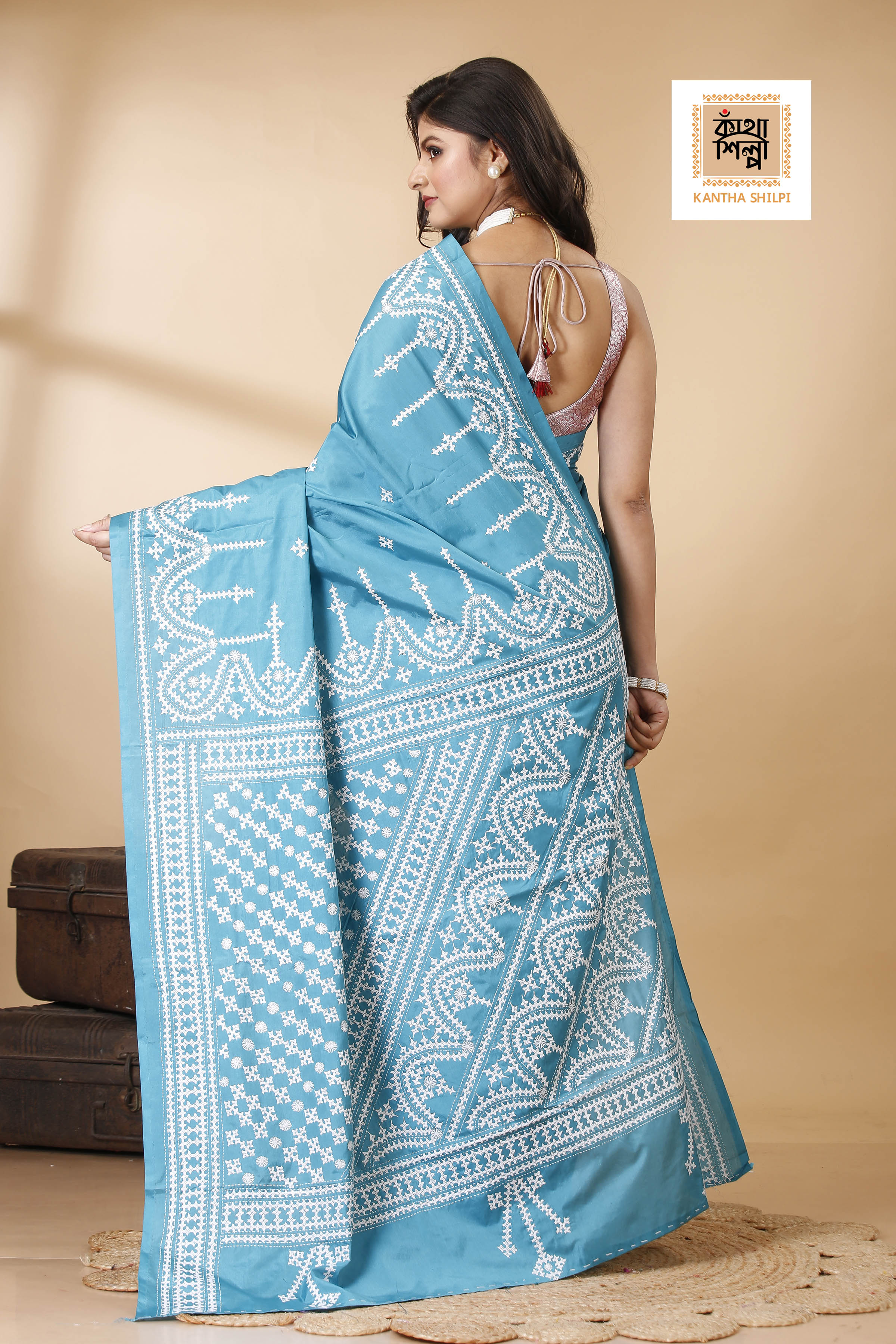 Butter Silk White Thread Work Gujrati Stitch Saree