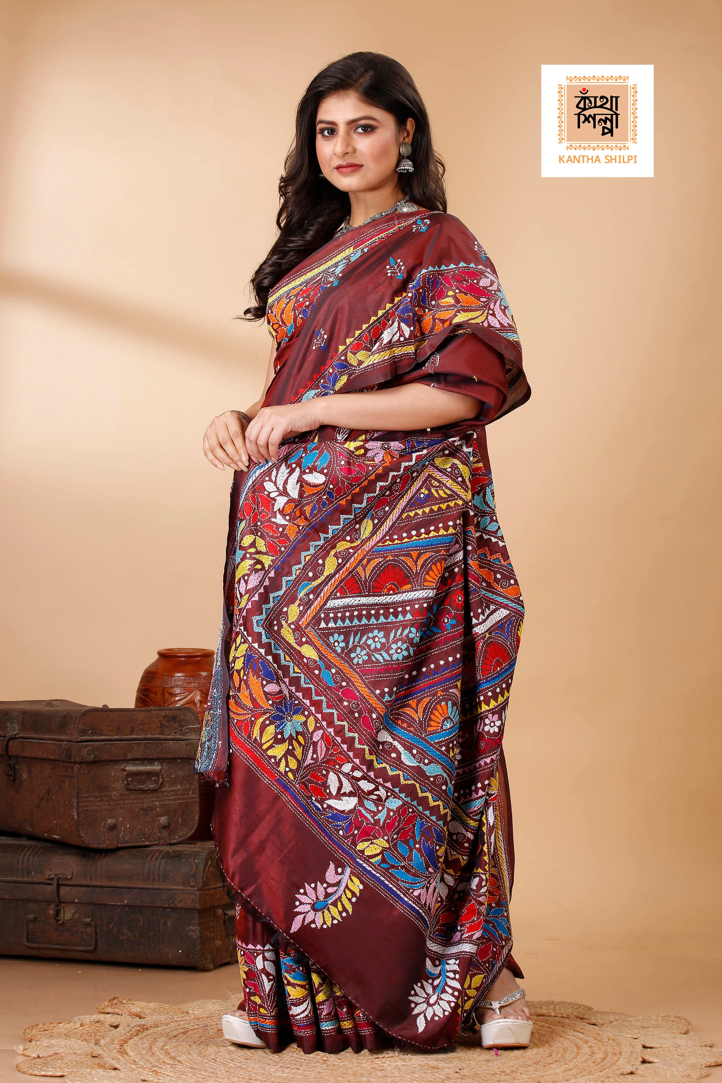 Bangalore Silk Multicolor Thread Work Kantha Stitch Saree