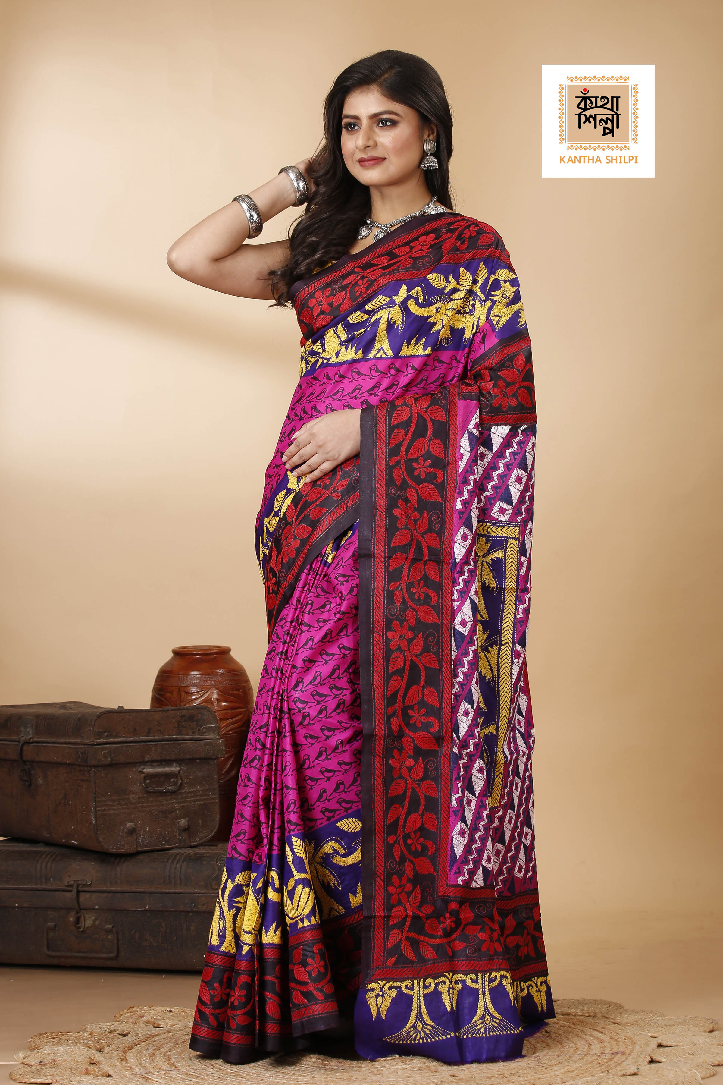Pure Bangalore Silk Multicolor Thread Work Block and Geometric Pattern Kantha Stitch Fusion Saree