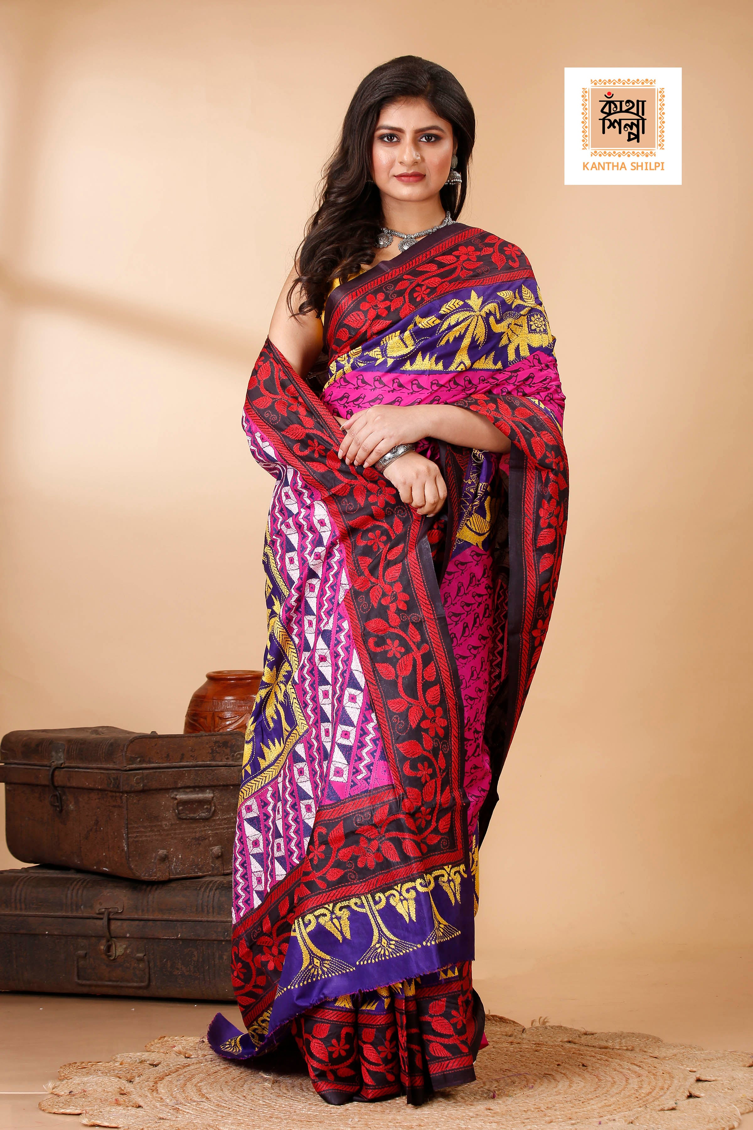 Pure Bangalore Silk Multicolor Thread Work Block and Geometric Pattern Kantha Stitch Fusion Saree