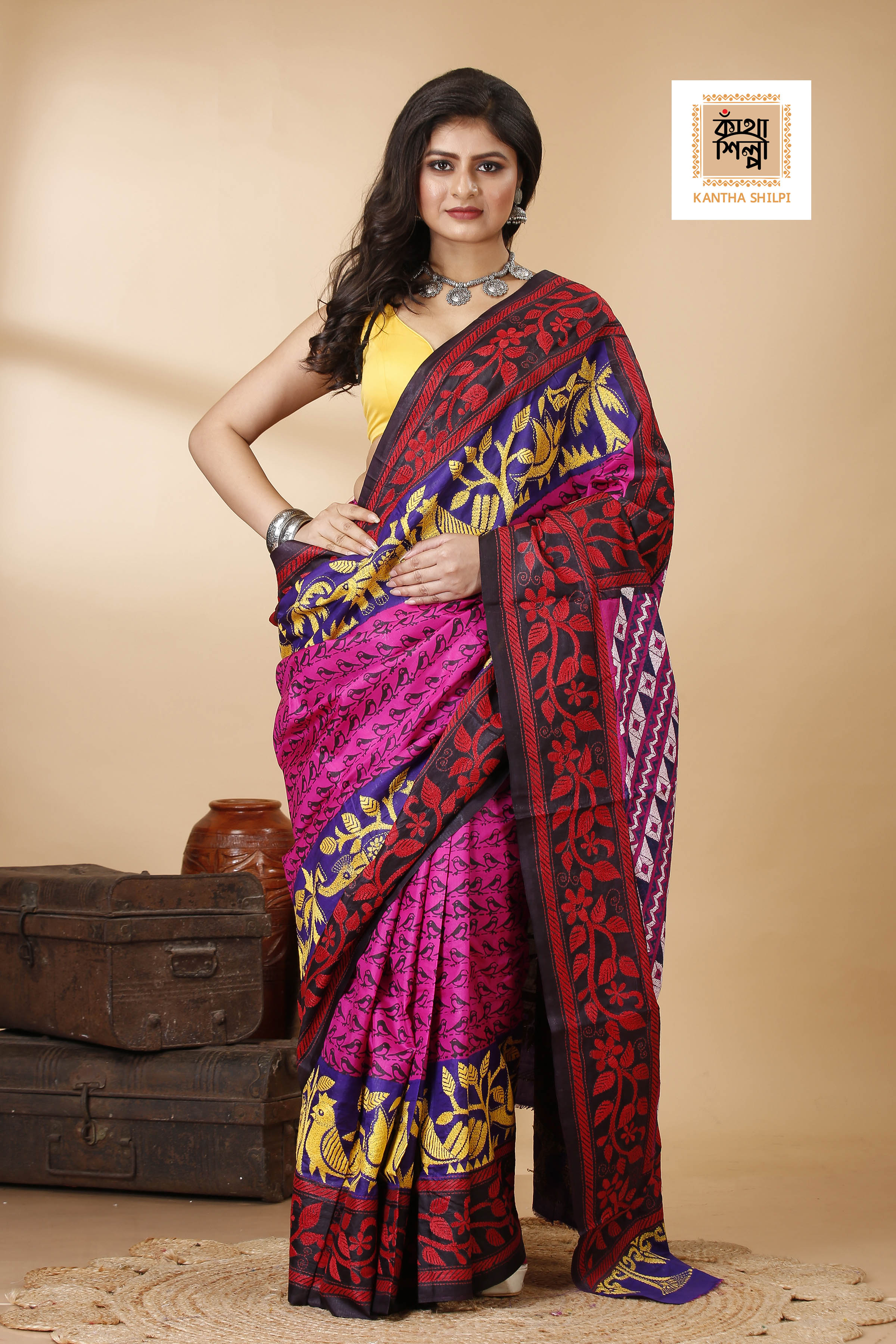 Pure Bangalore Silk Multicolor Thread Work Block and Geometric Pattern Kantha Stitch Fusion Saree