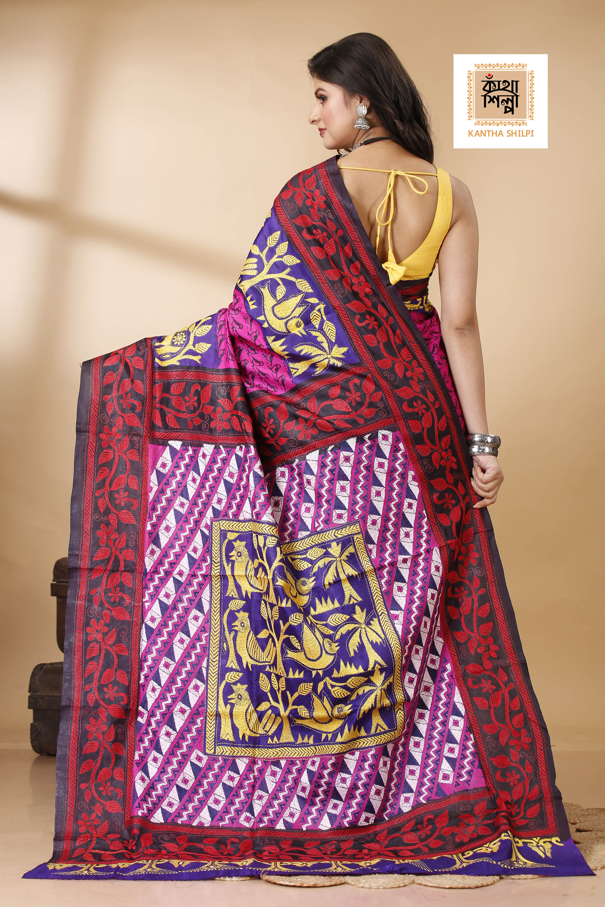 Pure Bangalore Silk Multicolor Thread Work Block and Geometric Pattern Kantha Stitch Fusion Saree