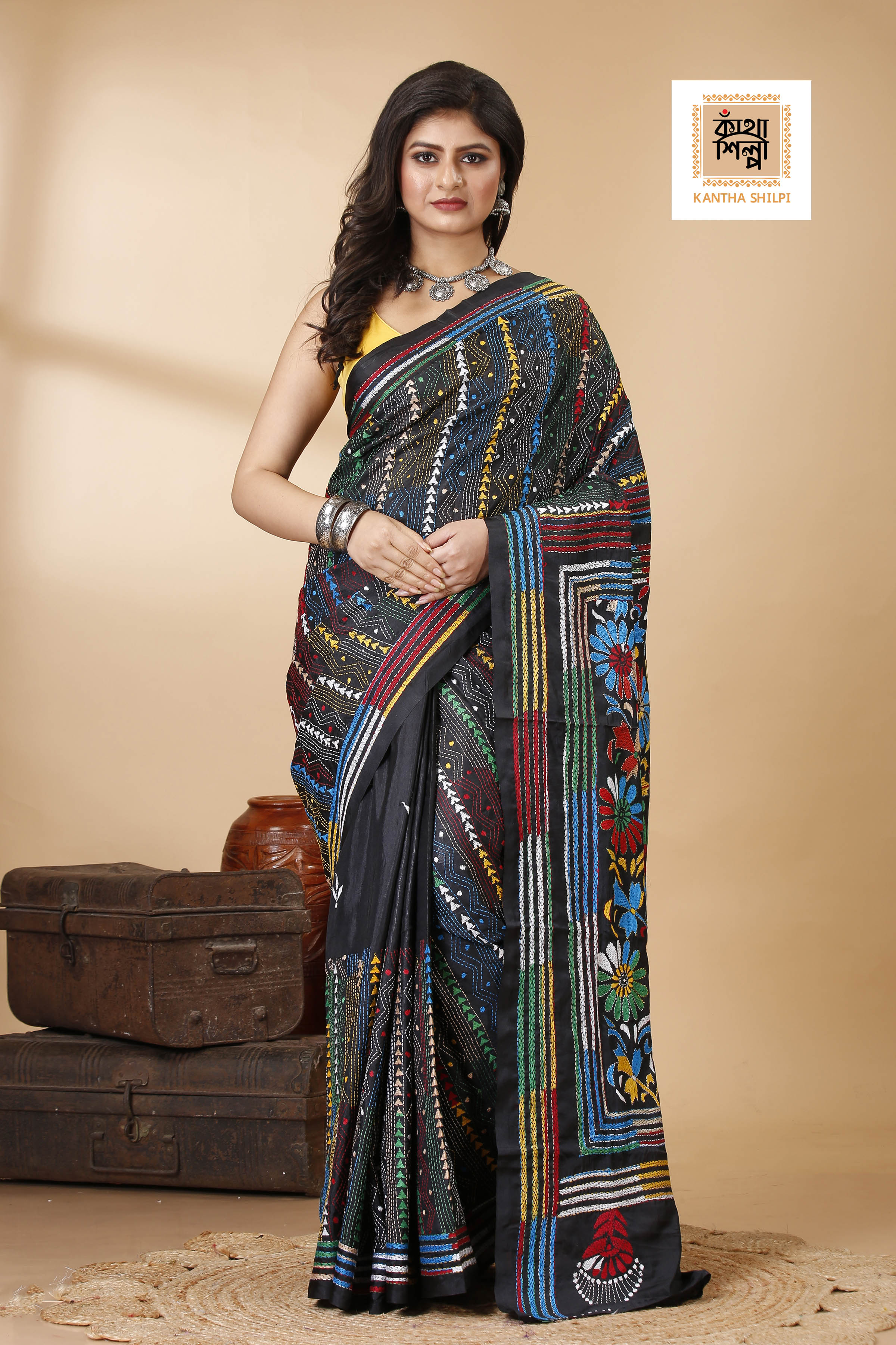 Bangalore Silk Multicolor Thread Work Kantha Stitch Saree