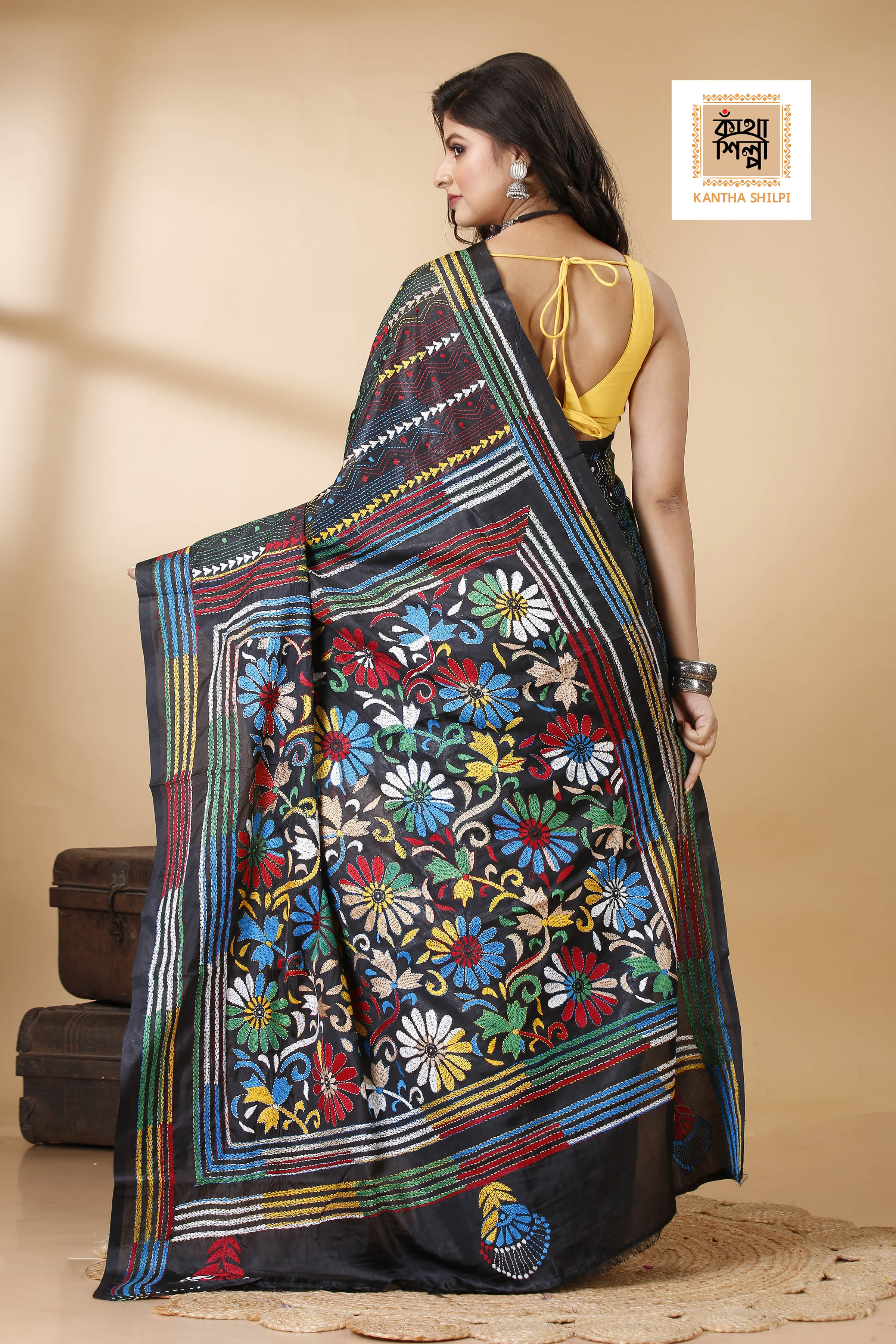 Bangalore Silk Multicolor Thread Work Kantha Stitch Saree