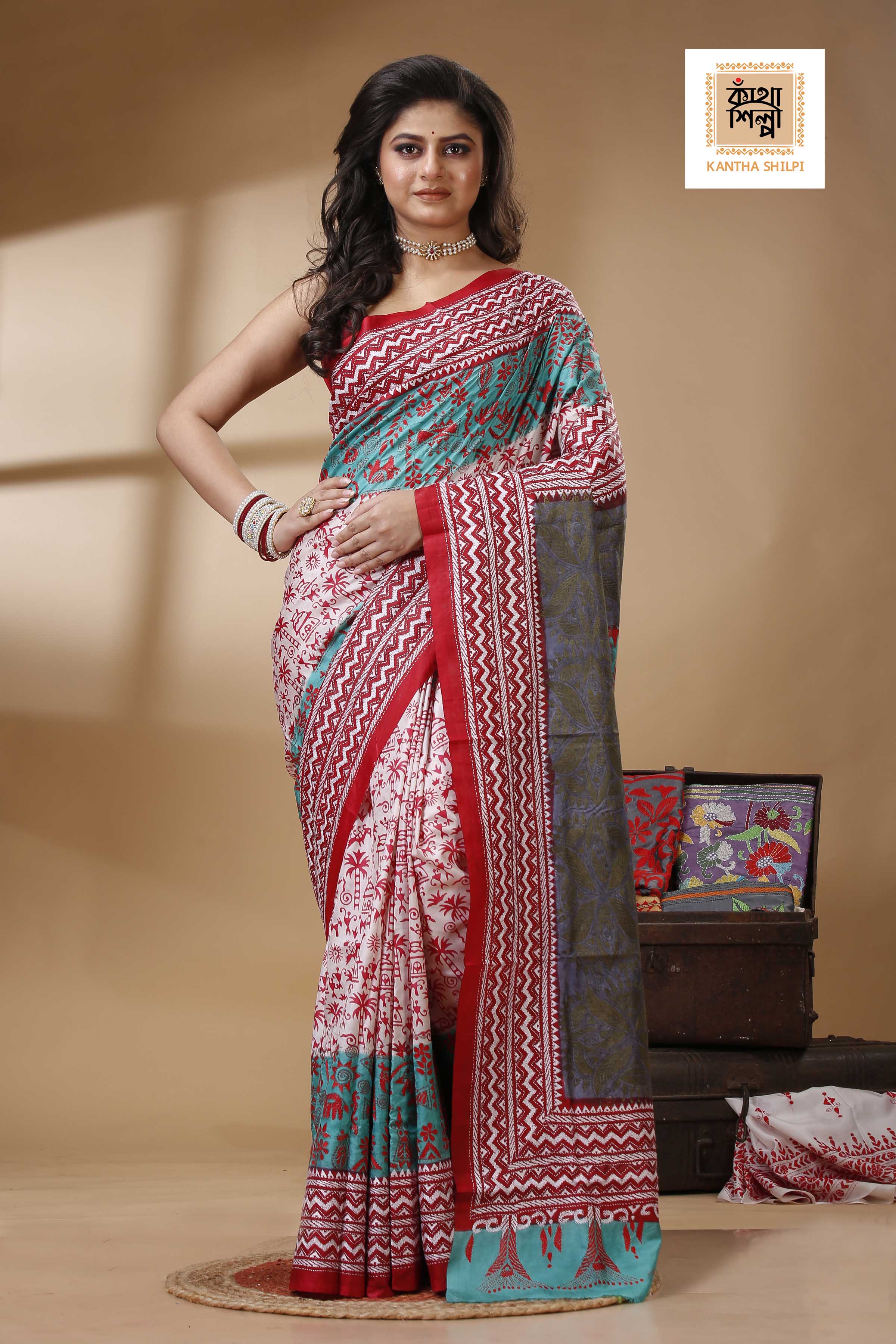 Pure Bangalore Silk Multicolor Thread Work Block and Geometric Pattern Kantha Stitch Fusion Saree