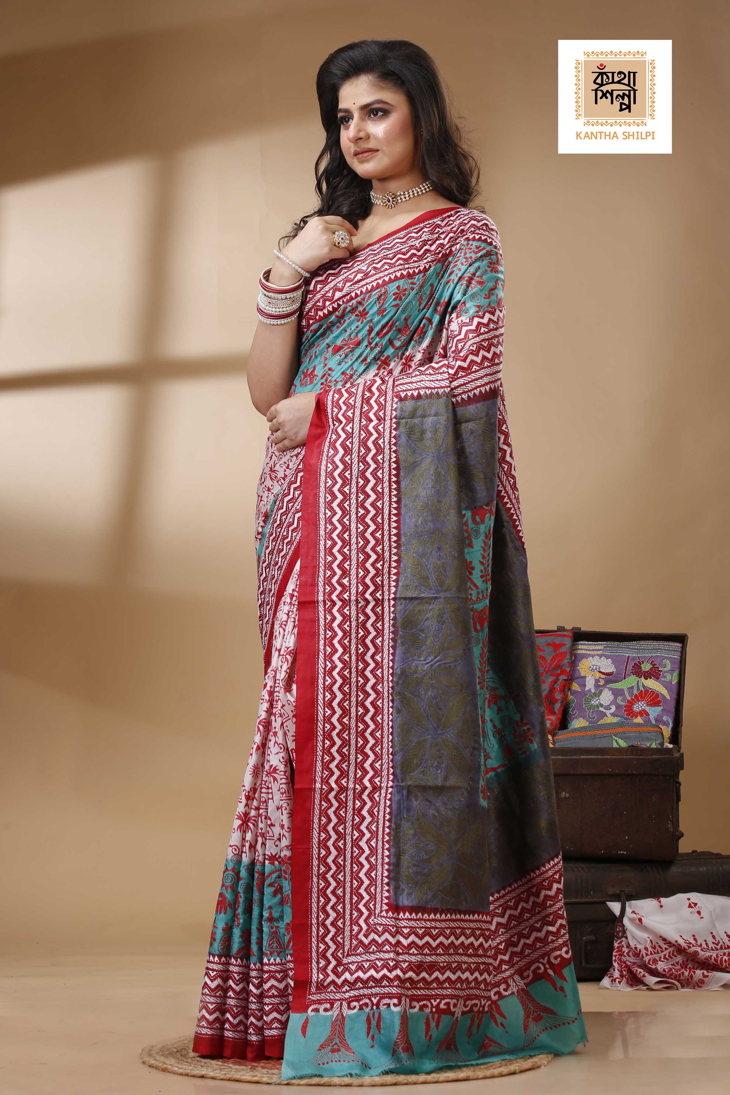 Pure Bangalore Silk Multicolor Thread Work Block and Geometric Pattern Kantha Stitch Fusion Saree